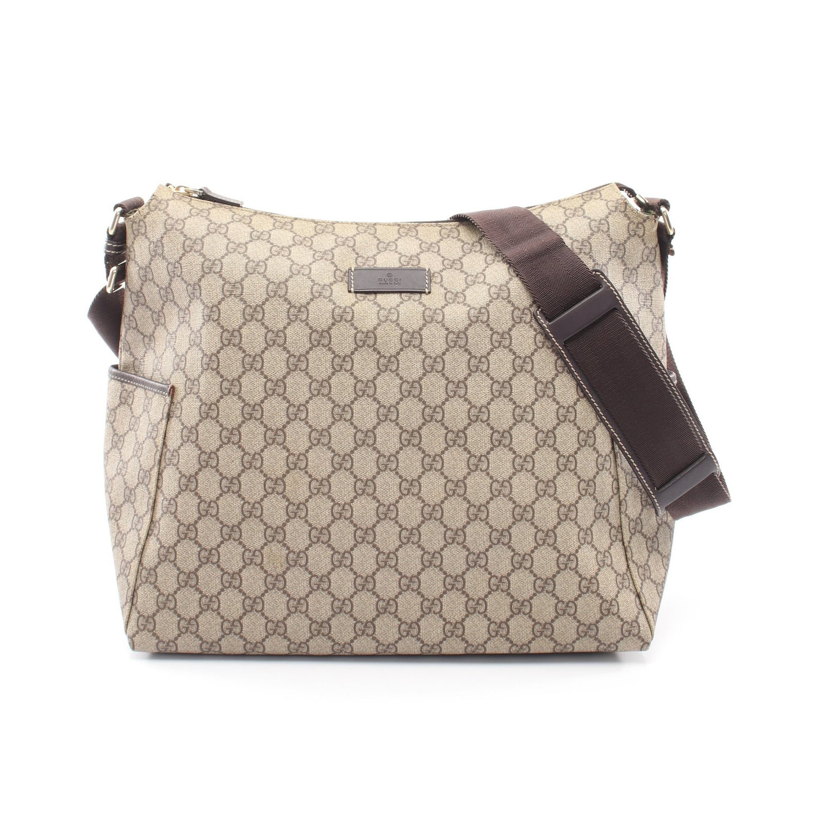 Gucci GG Supreme Shoulder Beige: Beige GG Supreme shoulder bag in PVC and leather, model 201767. Size: H32 x W37-34.5 x D18.5 cm; strap 70-110 cm.