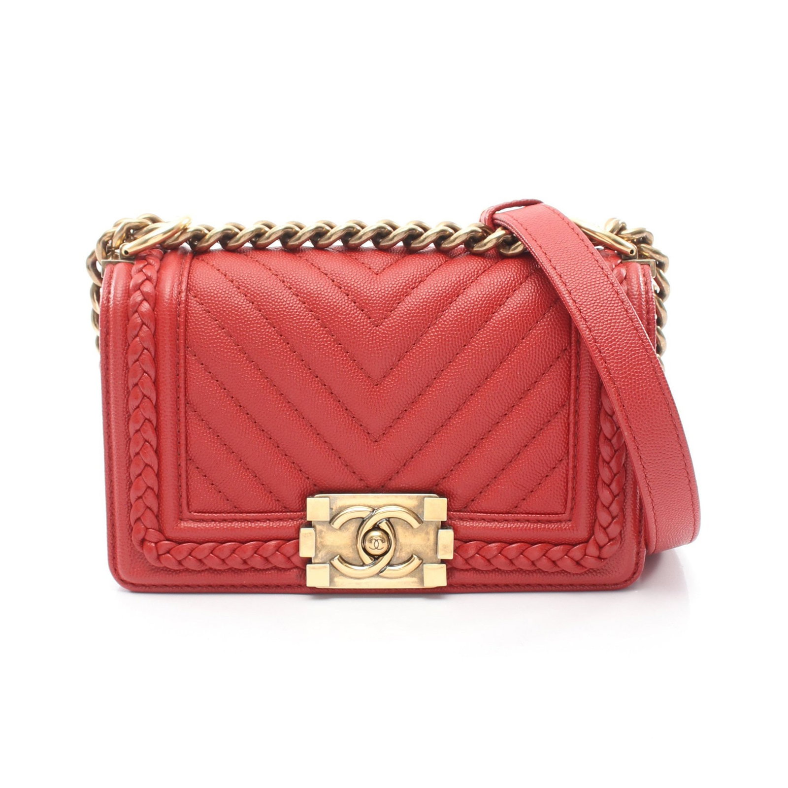 Chanel Boy Chevron Small Red: Red Boy Chanel Small Chevron V-stitch chain shoulder bag in caviar skin with antique gold hardware, model A67085. Accessories: serial seal. Serial: 251*****. Size: H12 x W20 x D6 cm; double strap 67
