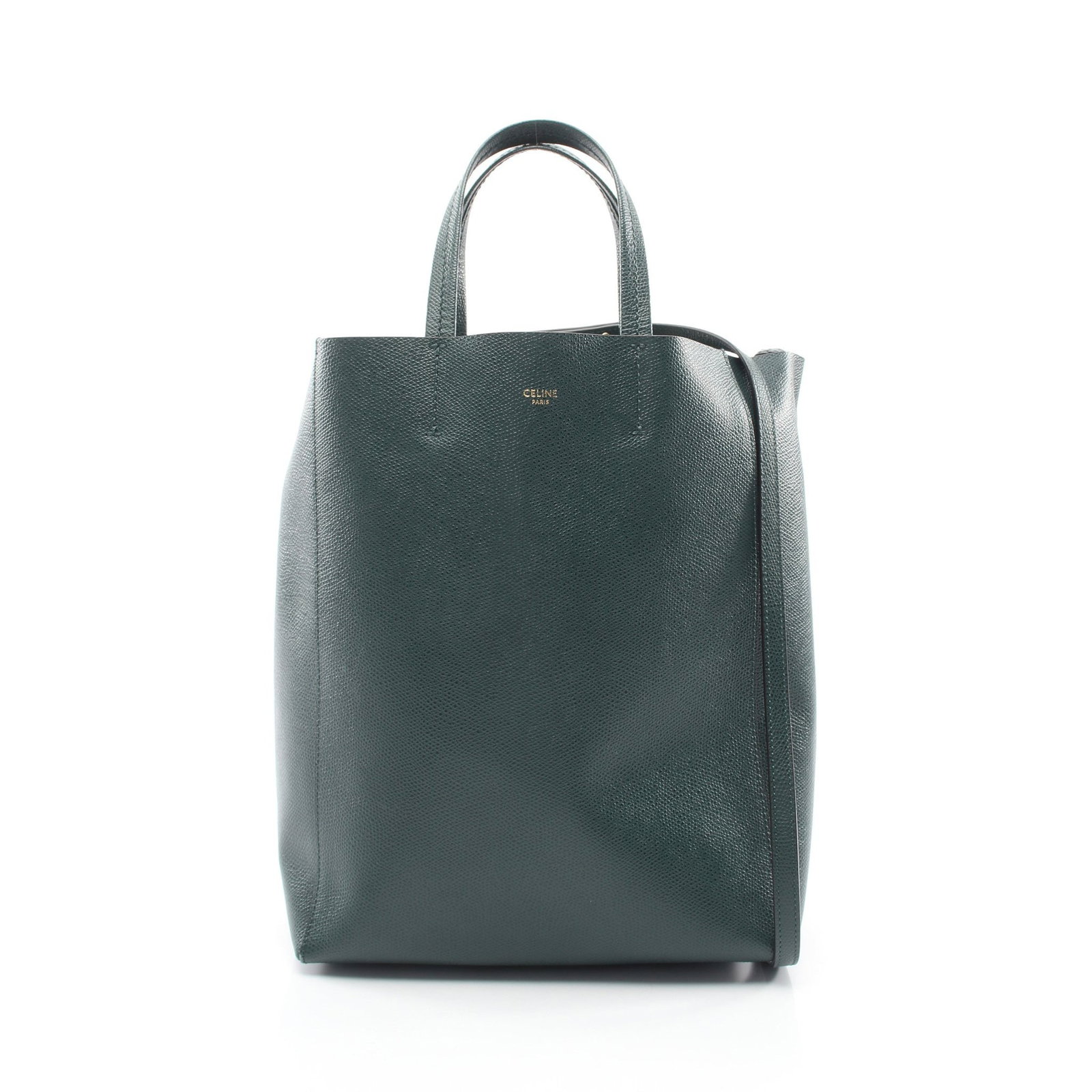 Celine Vertical Small Cabas Green: Green Vertical Small Hippopotamus 2WAY handbag tote in leather, model 189813. Accessories: shoulder strap. Size: H28 x W22-23 x D10 cm; handle 28 cm; strap 96-109 cm.