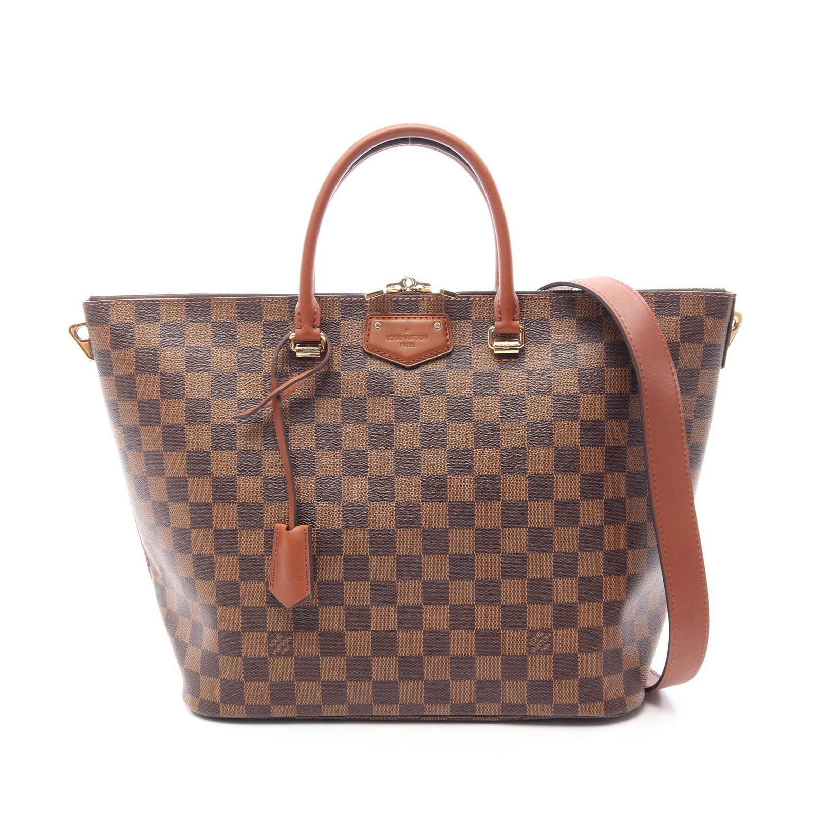 Louis Vuitton Belmont Damier Ebene 2Way: Brown Damier Ebene Belmont 2WAY handbag tote in PVC and leather, model N63169. Accessories: shoulder strap, padlock, key, crochet. Product no.: DR4123. Size: H27 x W36-26 x D14 cm; handle 42 cm;