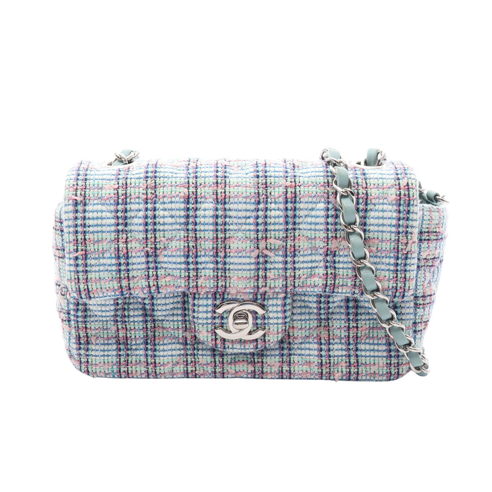 Chanel Mini Matelasse 20 Tweed Green: Light green multicolor Mini Matelasse 20 chain shoulder bag in tweed with silver hardware, model A69900. Accessories: guarantee card, serial seal. Serial: 291*****. Size: H12 x W20 x D6.5 cm; strap