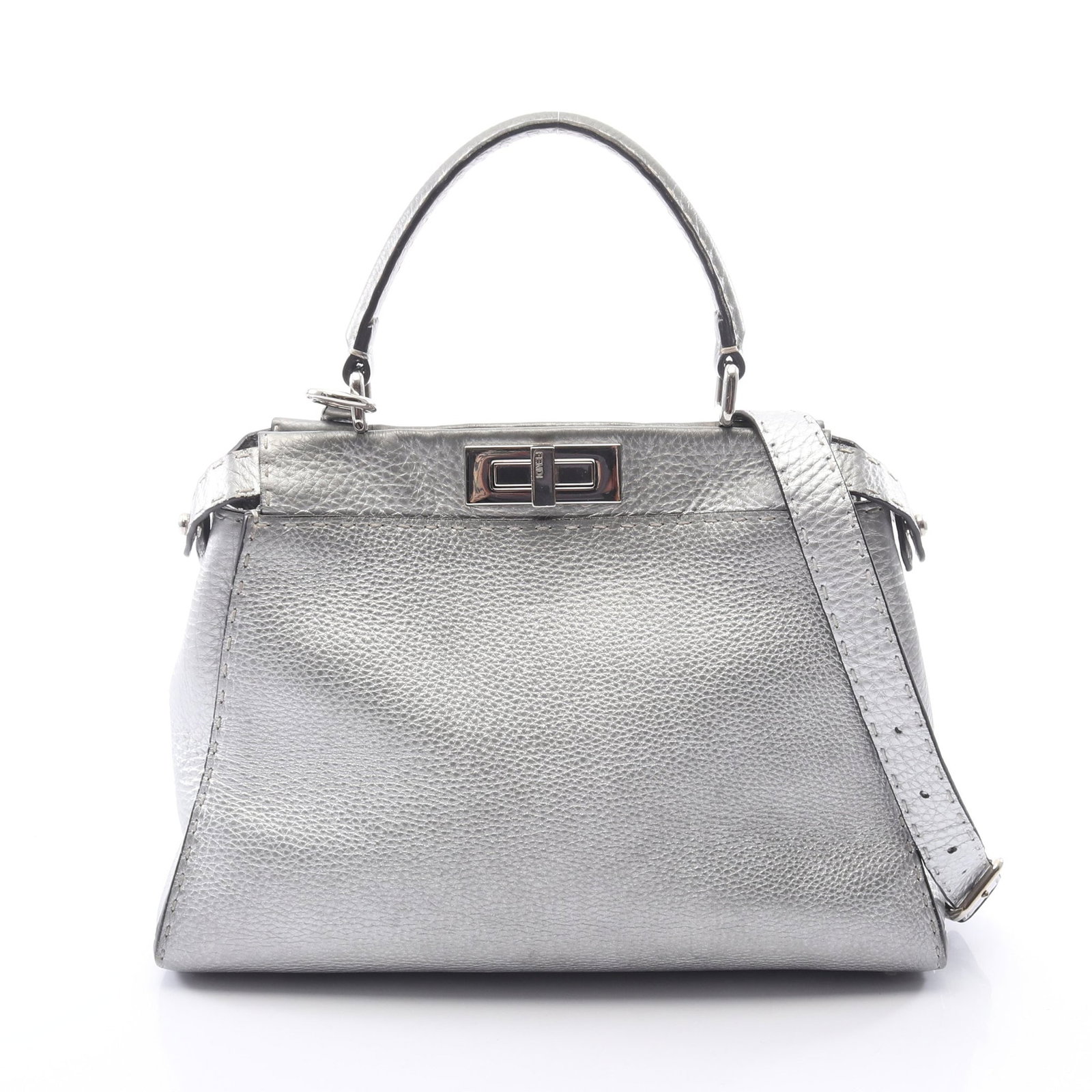 Fendi Peekaboo Regular Selleria Silver: Silver Peekaboo Regular Selleria 2WAY handbag in leather, model 8BN290. Accessories: shoulder strap. Size: H24 x W29-34 x D13 cm; handle 35 cm; strap 94-112 cm.