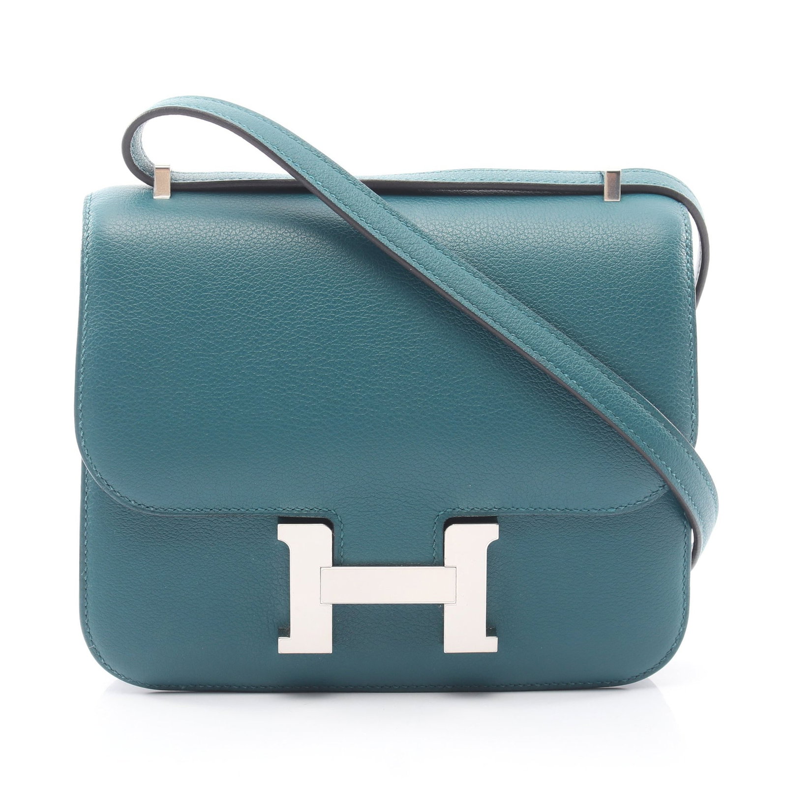 Hermes Constance 3 Mini Bosphore: Blue green Veil Bosphore Constance 3 Mini shoulder bag in Evercolor with silver hardware. Product no.: U stamp (manufactured around 2022). Size: H15 x W18 x D2-3 cm; short strap 60 cm, long strap 105 