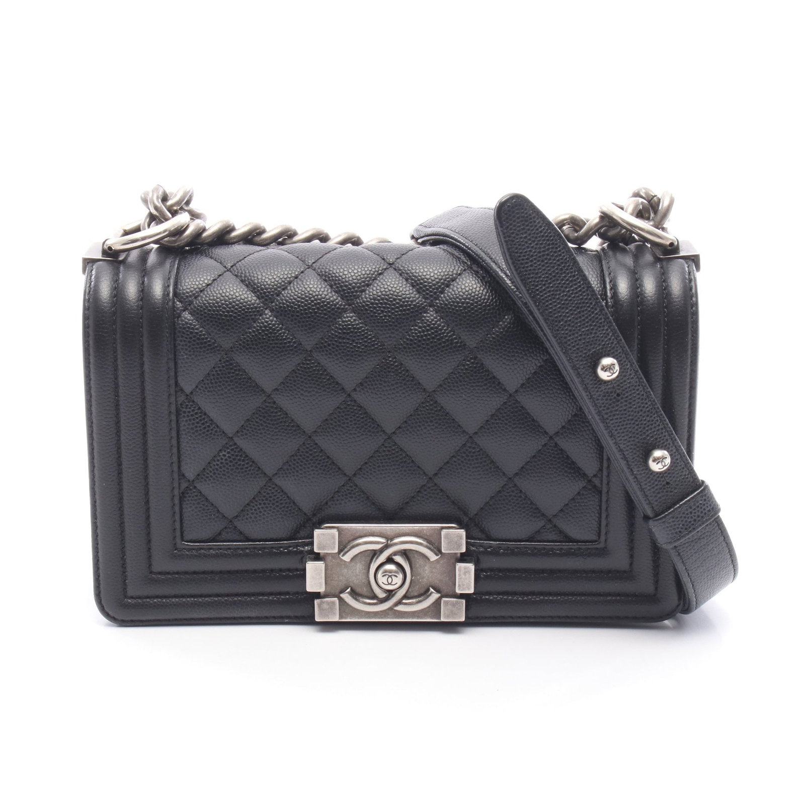 Chanel Boy Small Caviar Black SHW: Black Boy Chanel Small chain shoulder bag in caviar skin with silver hardware, model A67085. Accessories: serial seal. Serial: 275*****. Size: H12 x W20 x D6 cm; double strap 67 cm, single 112 cm,