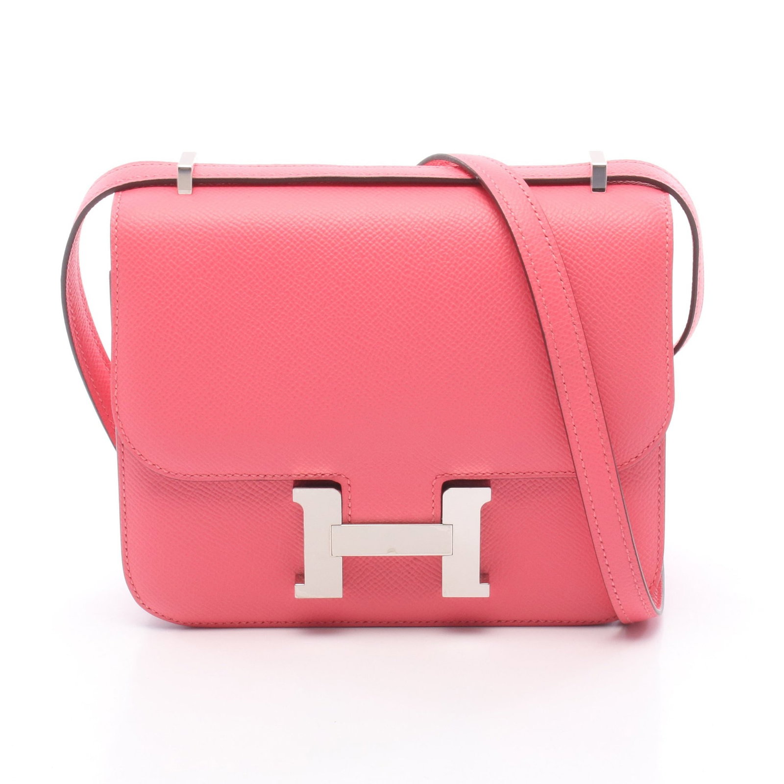Hermes Constance 3 Mini Rose Azalee: Pink Rose Azalee Constance 3 Mini shoulder bag in Veau Epsom with silver hardware. Product no.: D stamp (manufactured around 2019). Size: H15 x W18 x D2-3 cm; short strap 60 cm, long strap 105 cm, max