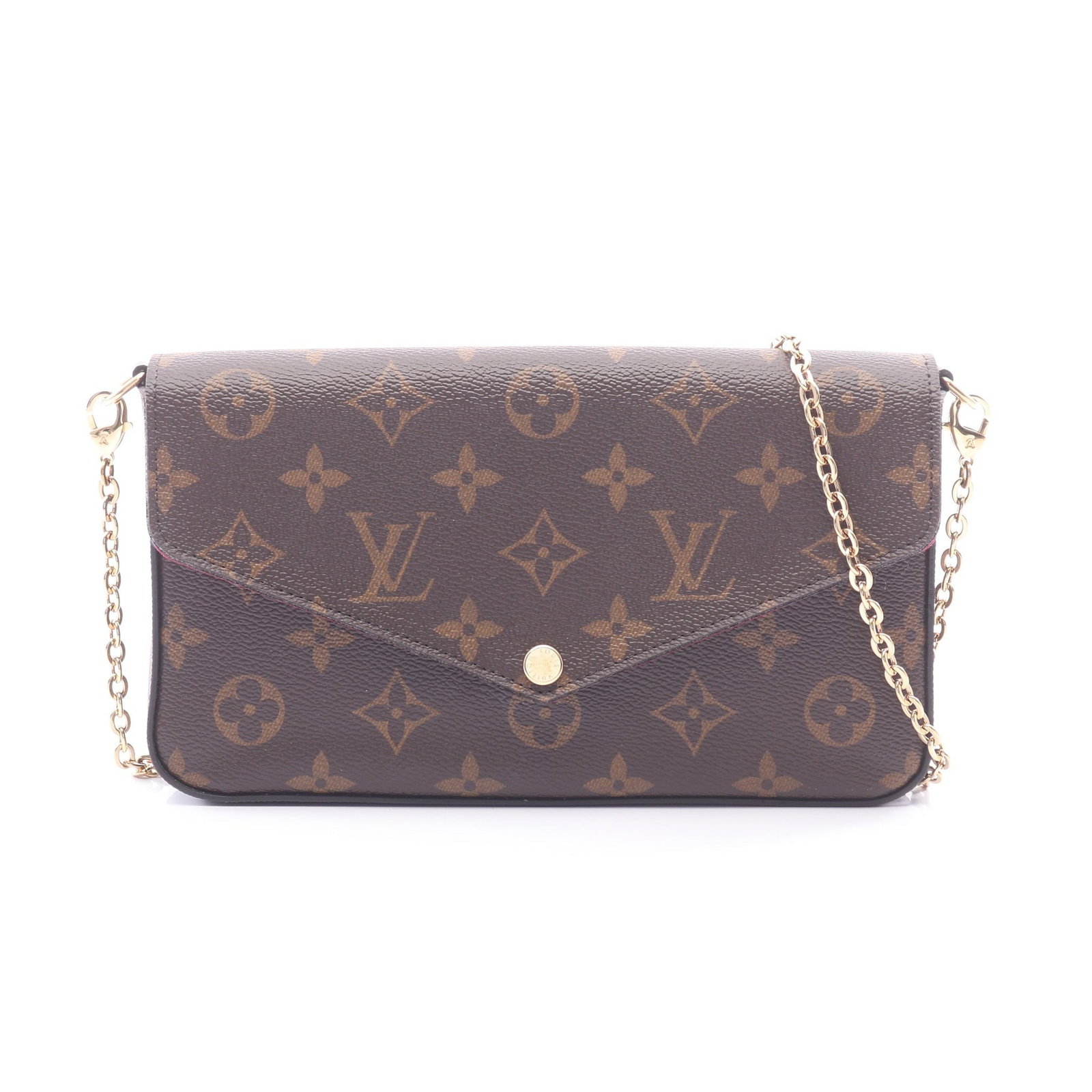 Louis Vuitton Pochette Felicie Monogram: Brown Monogram chain wallet in PVC and leather, model M61276. Accessories: coin purse, card case. Product no.: CA2109. Size: H12 x W21 x D3 cm; strap 117 cm.