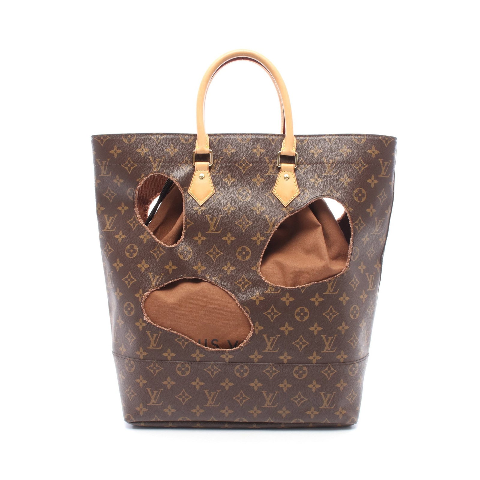 Louis Vuitton x Comme des Garcons Monogram: Brown Monogram tote handbag, Louis Vuitton x COMME des GARCONS Kawakubo Rei With Holes, model M40279. Accessories: inner bag. Product no.: SP4174. Size: H40 x W43-32 x D13 cm; handle 40 cm.
