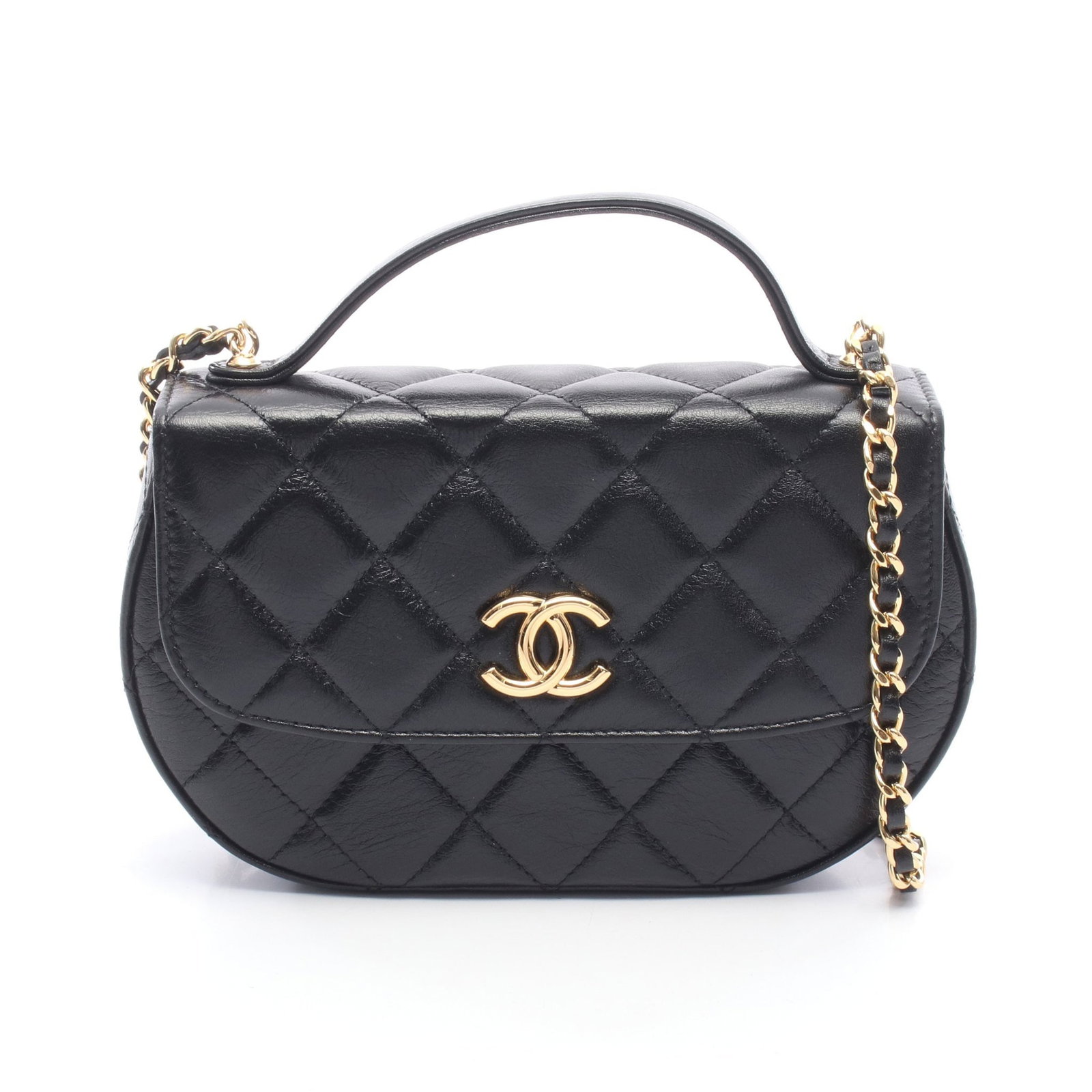 Chanel Half Moon Phone Holder Chain Black: Black top handle phone holder with chain, half moon Matelasse 2WAY chain shoulder bag in leather with gold hardware, model AP3367. Accessories: serial seal. Serial: K0H*****. Size: H11.5 x W17-19 x