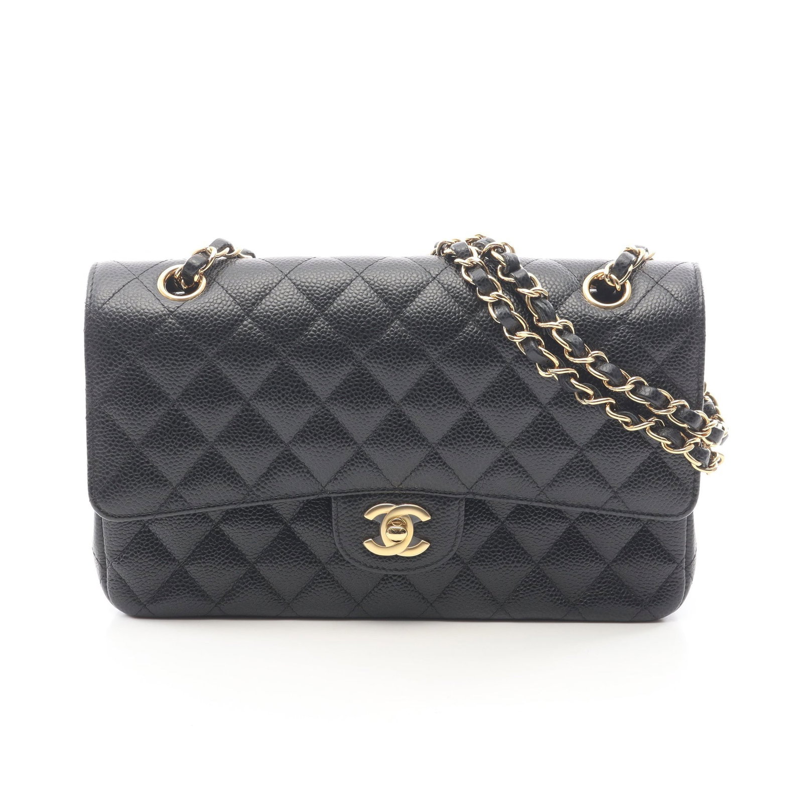 Chanel Double Flap 25 Caviar Black GHW: Black Matelasse double flap double chain shoulder bag in caviar skin with gold hardware, model A01112. Accessories: guarantee card, serial seal. Serial: 257*****. Size: H16 x W25 x D6.5 cm; double