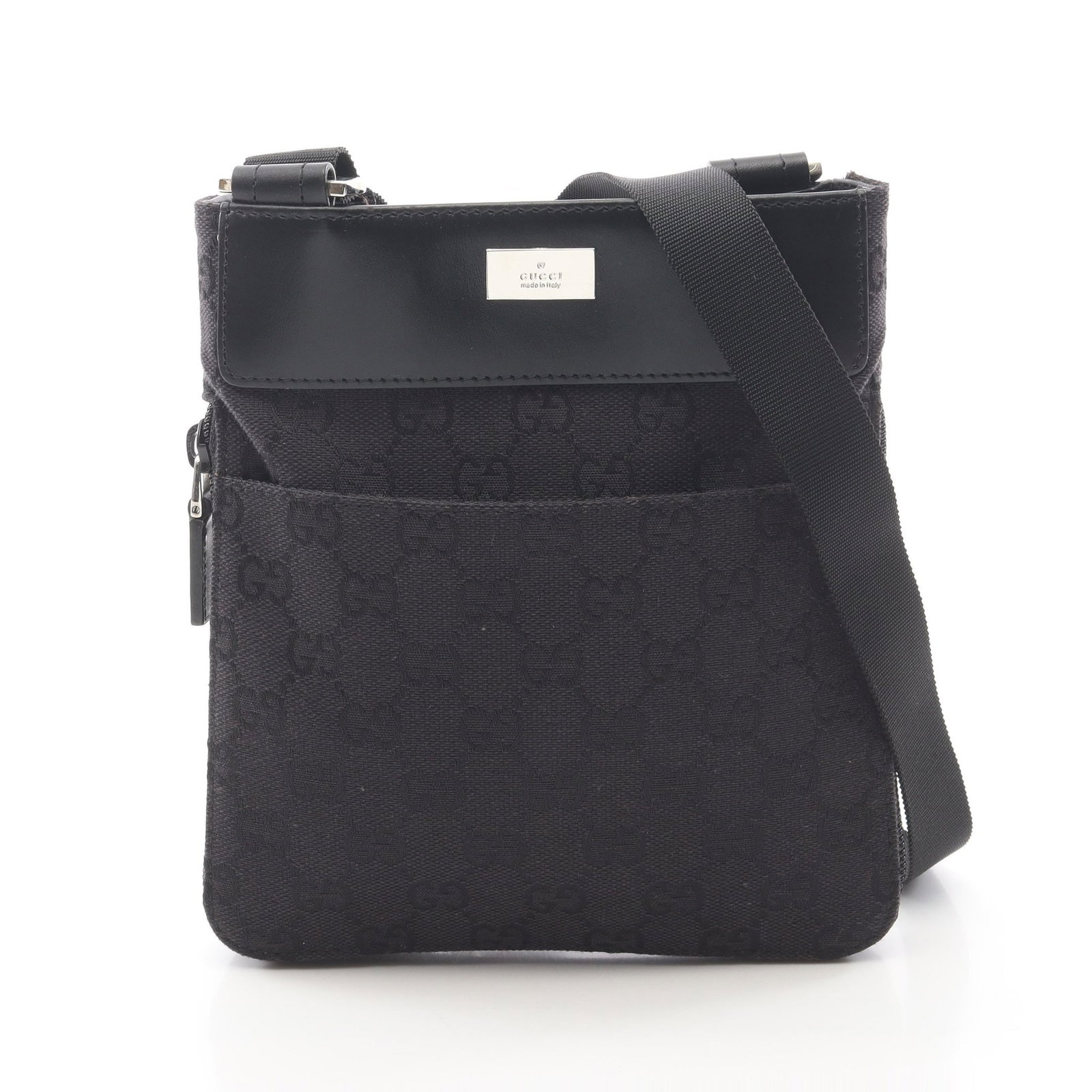 Gucci GG Canvas Shoulder Black: Black GG canvas shoulder bag in canvas and leather, model 019 0349. Size: H20 x W17-18 x D2 cm; strap 67-128 cm.