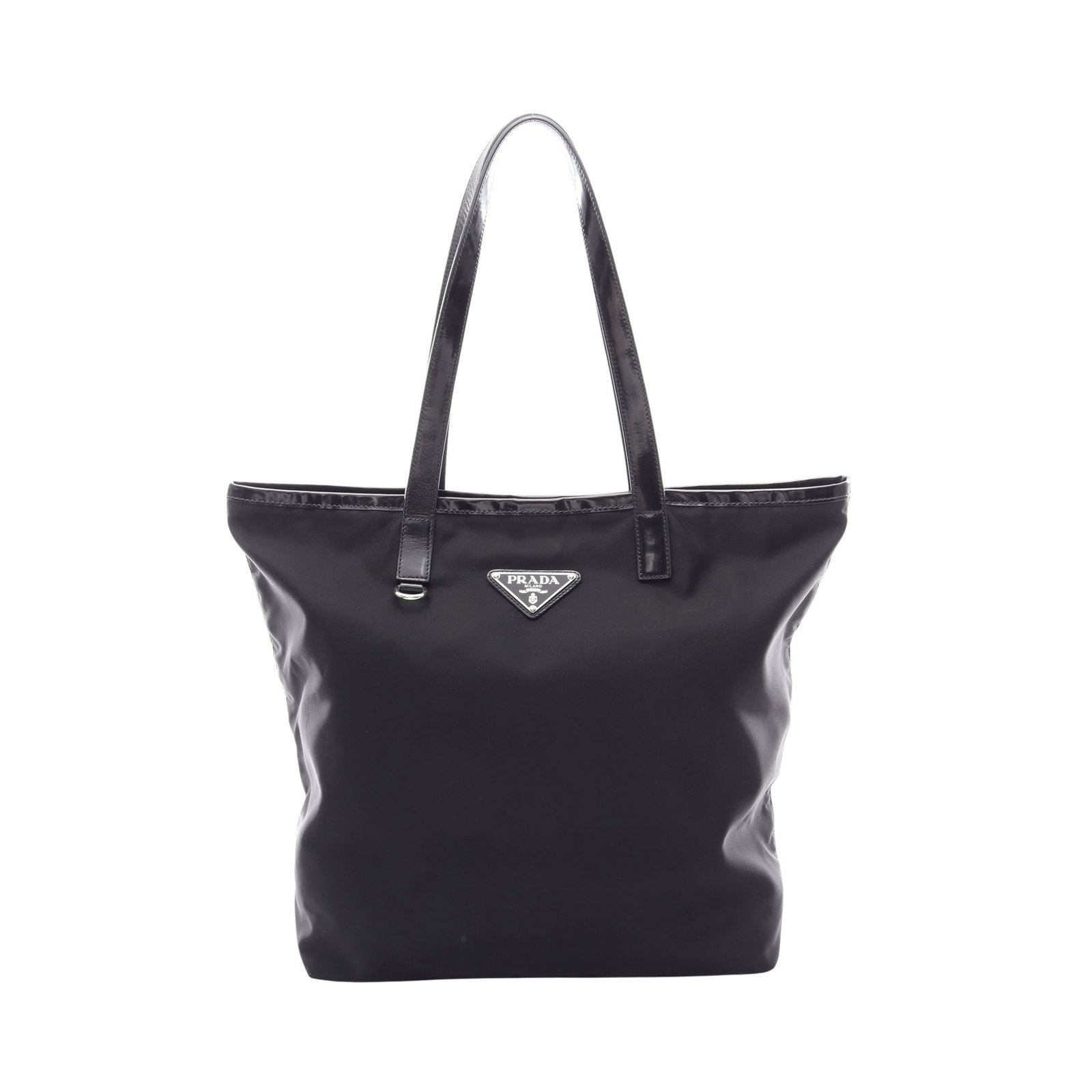 Prada Triangle Logo Tote Nylon Black: Black triangle logo shoulder tote in nylon and leather. Size: H37 x W43-34 x D11 cm; strap 56 cm, max drop 23 cm.