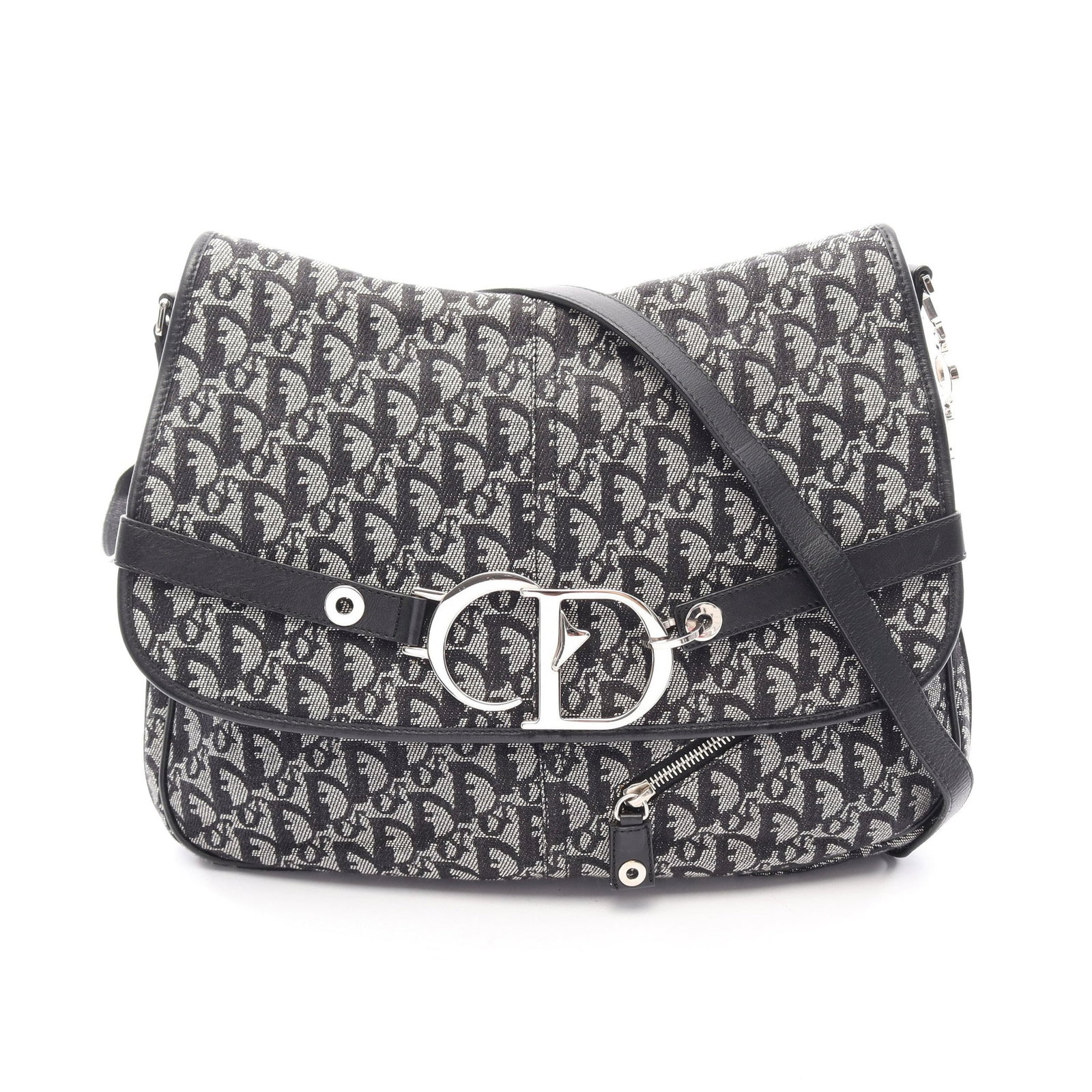 Dior Trotter Shoulder Navy Gray: Dark navy gray Trotter shoulder bag in canvas and leather. Size: H27 x W30-35 x D5.5 cm; strap 80-140 cm.