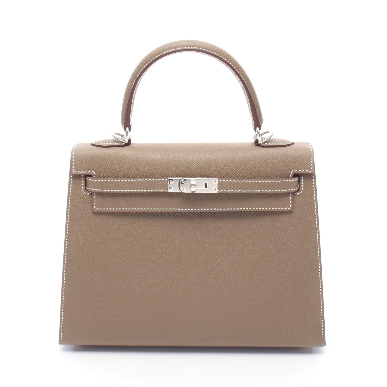 Hermes Kelly 25 Epsom Etoupe 2Way SHW: Gray brown Etoupe Kelly 25 outside sewing 2WAY handbag in Veau Epsom with silver hardware. Accessories: shoulder strap, crochet, padlock, 2 keys, box, storage bags. Product no.: G stamp (manufactured