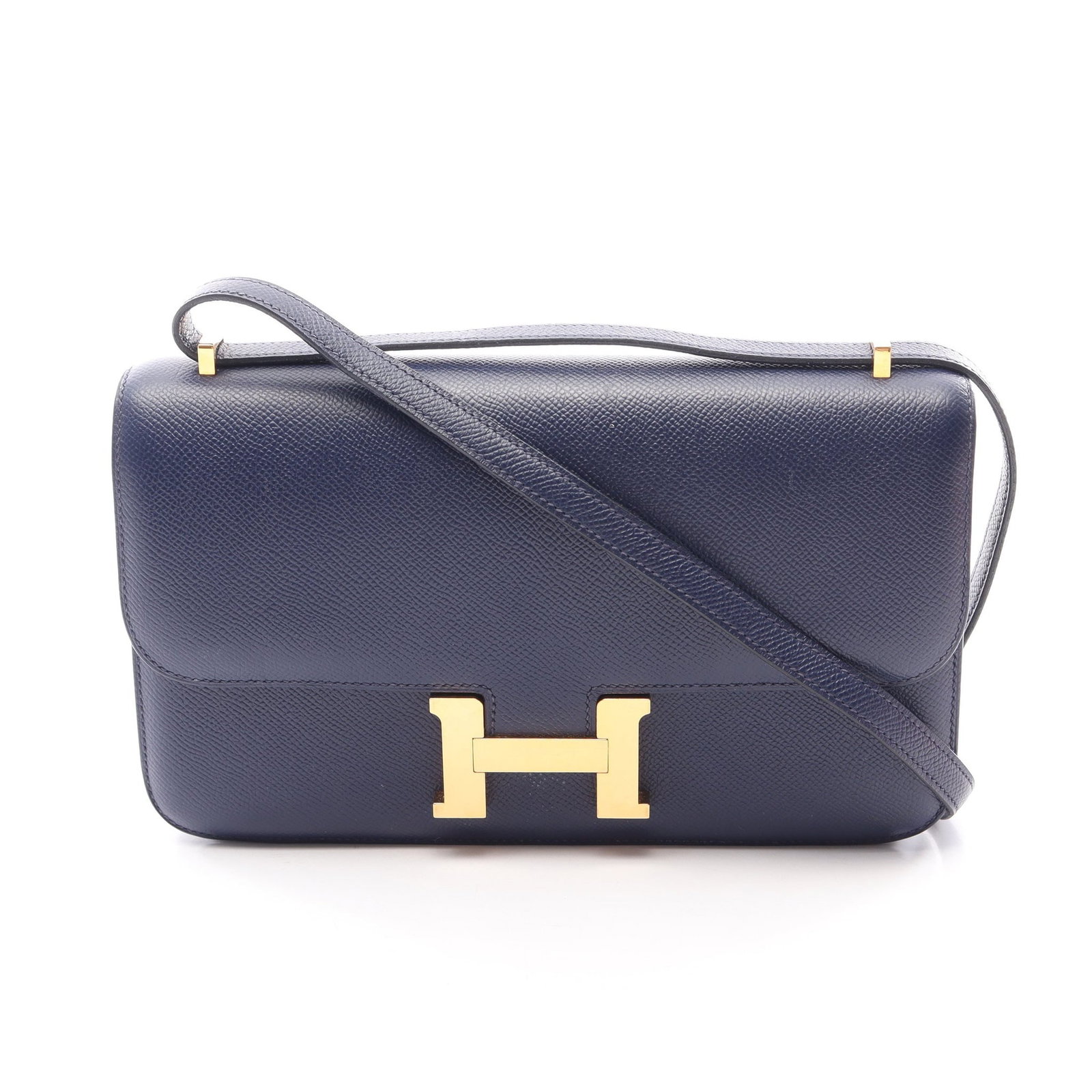 Hermes Constance Elan Epsom Blue Saphir: Dark blue Blue Saphir Constance Elan shoulder bag in Veau Epsom with gold hardware. Product no.: ?R stamp (manufactured around 2014). Size: H13 x W23.5 x D3 cm; strap 107 cm.