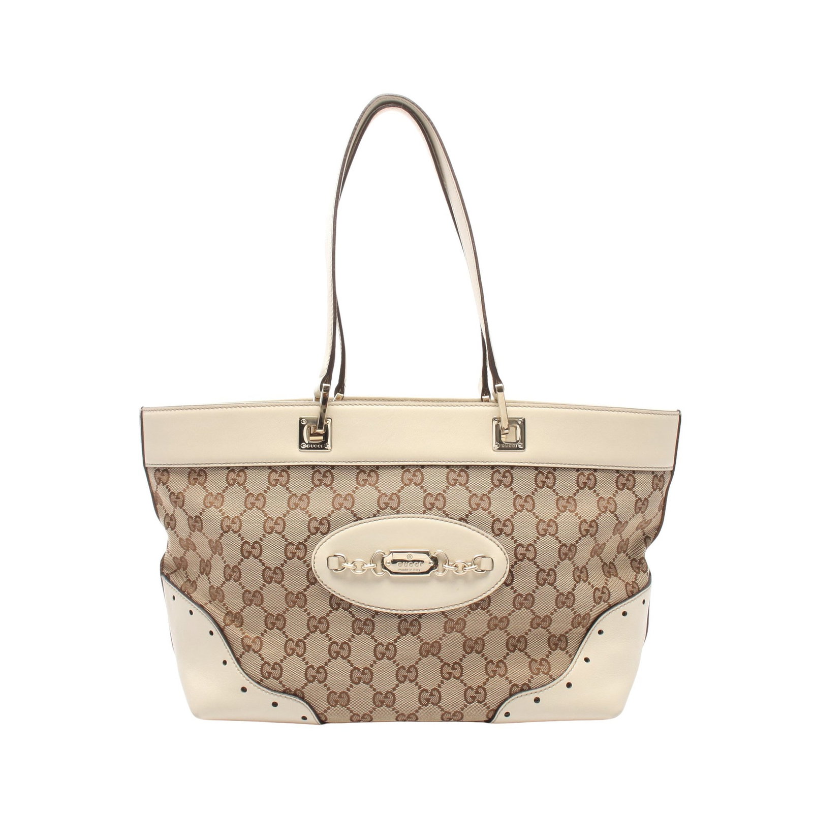 Gucci GG Canvas Tote Beige Ivory: Beige ivory GG canvas shoulder tote in canvas and leather, model 145993. Size: H23.5 x W39-28 x D14 cm; strap 49 cm, max drop 21 cm.