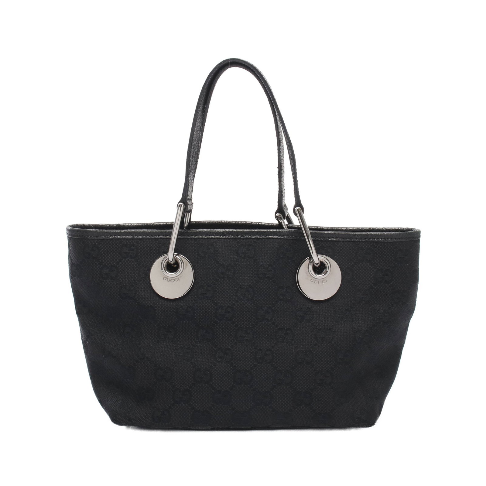 Gucci GG Canvas Tote Handbag Black: Black GG canvas tote handbag in canvas and leather, model 120844. Size: H16 x W28-20 x D11 cm; handle 35 cm.