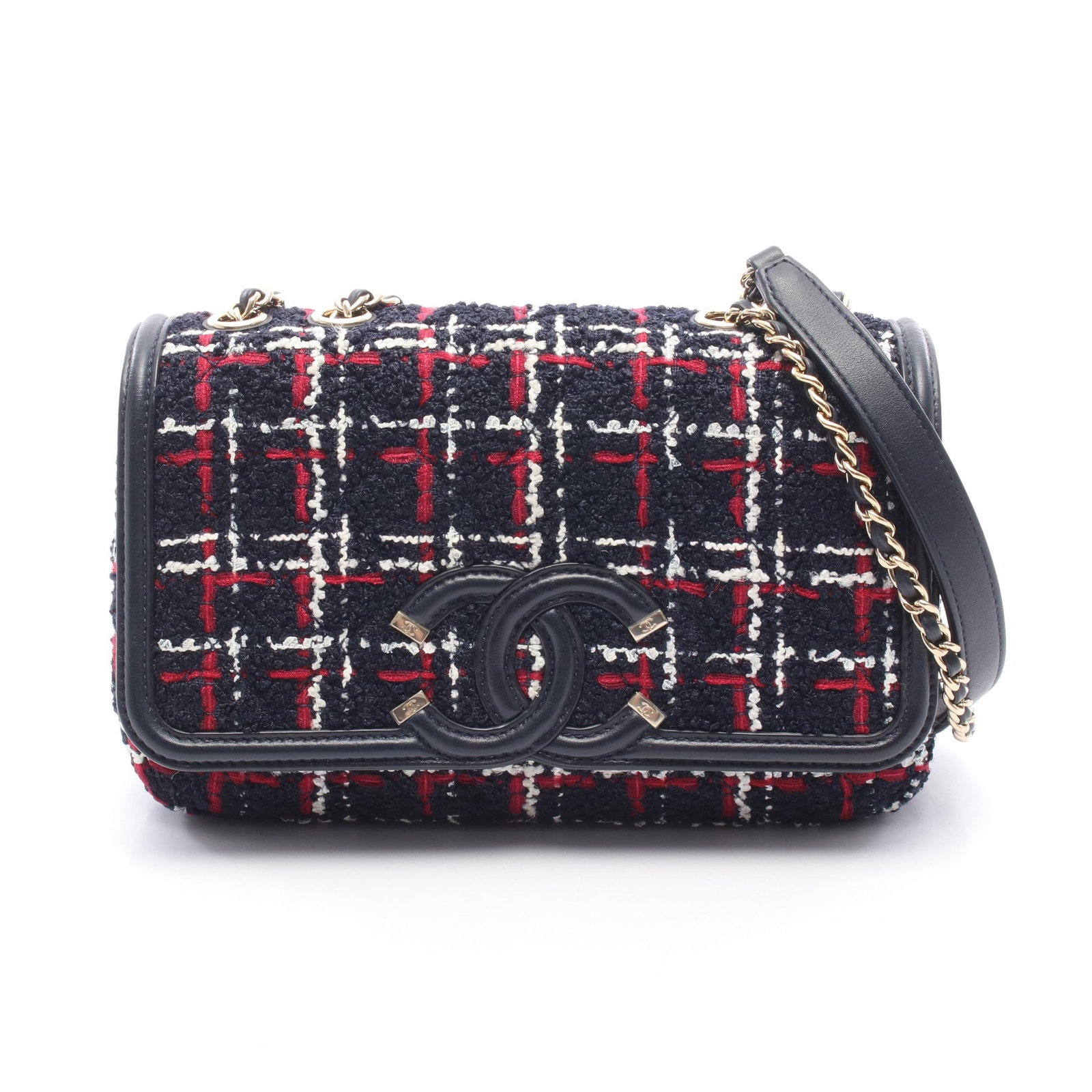 Chanel CC Filigree Tweed Chain Navy Multi: Navy red white CC Filigree chain shoulder bag in tweed and leather with gold hardware, model A93340. Accessories: guarantee card, serial seal. Serial: 300*****. Size: H14.5 x W21.5-21 x D5.5 cm;