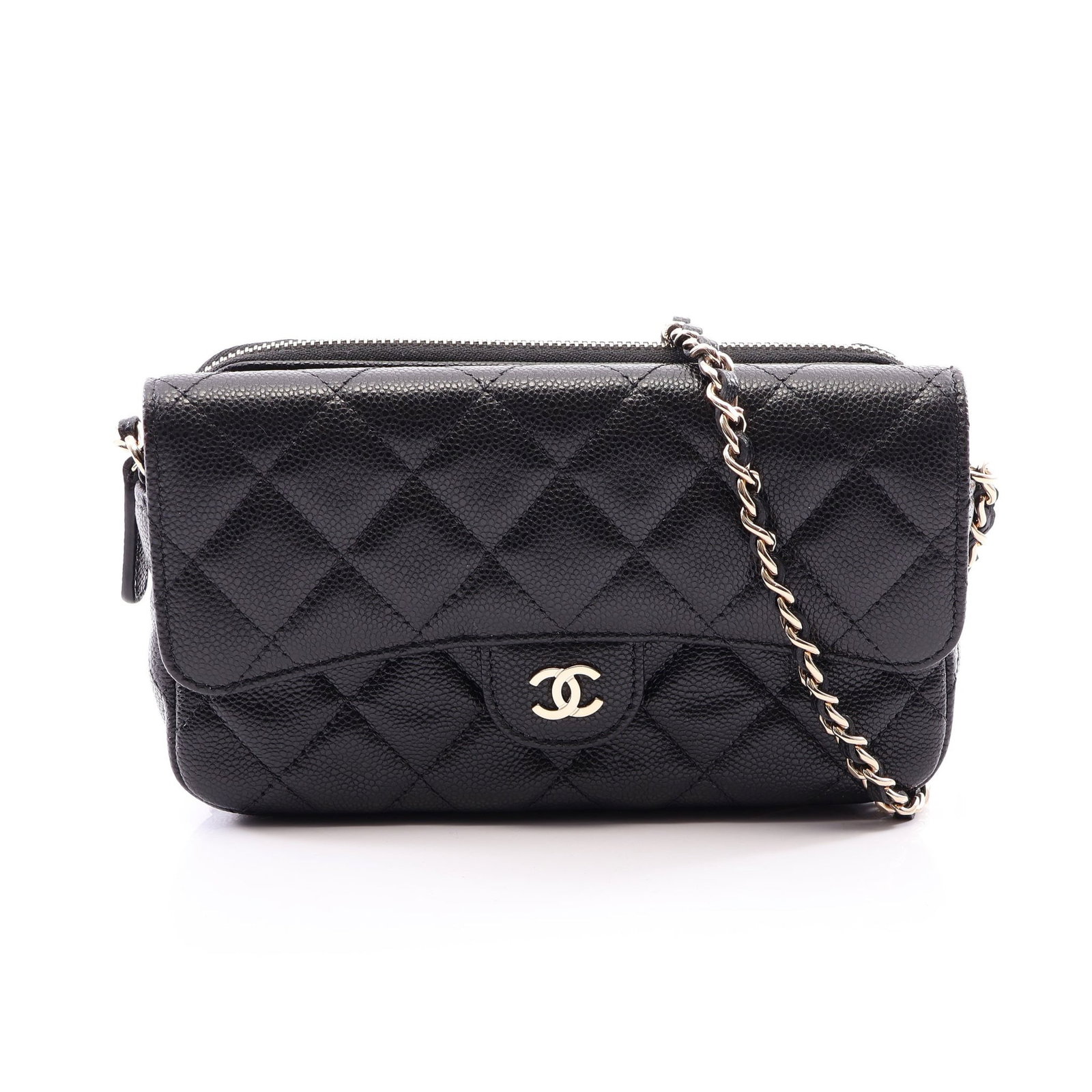 Chanel Chain Phone Case Wallet Black: Black Matelasse chain phone case wallet shoulder bag in caviar skin with gold hardware, model AP2096. Accessories: serial seal. Serial: XE0*****. Size: H10 x W17.5 x D4 cm; strap 126 cm.