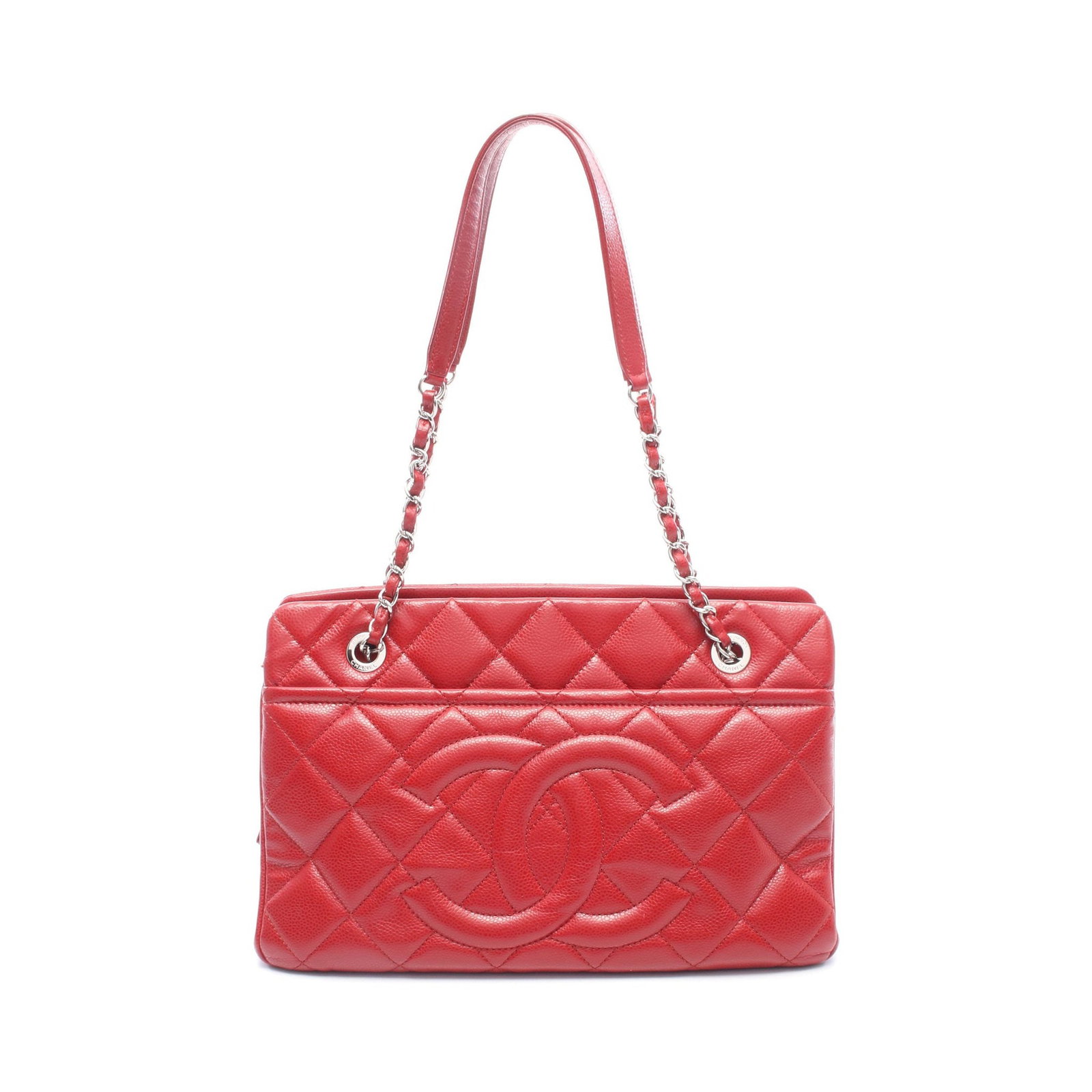 Chanel Coco Mark Chain Tote Caviar Red: Red Matelasse Coco Mark chain shoulder tote in caviar skin with silver hardware. Accessories: guarantee card, serial seal. Serial: 176*****. Size: H20.5 x W31-33 x D12.5 cm; strap 64 cm, max drop 27