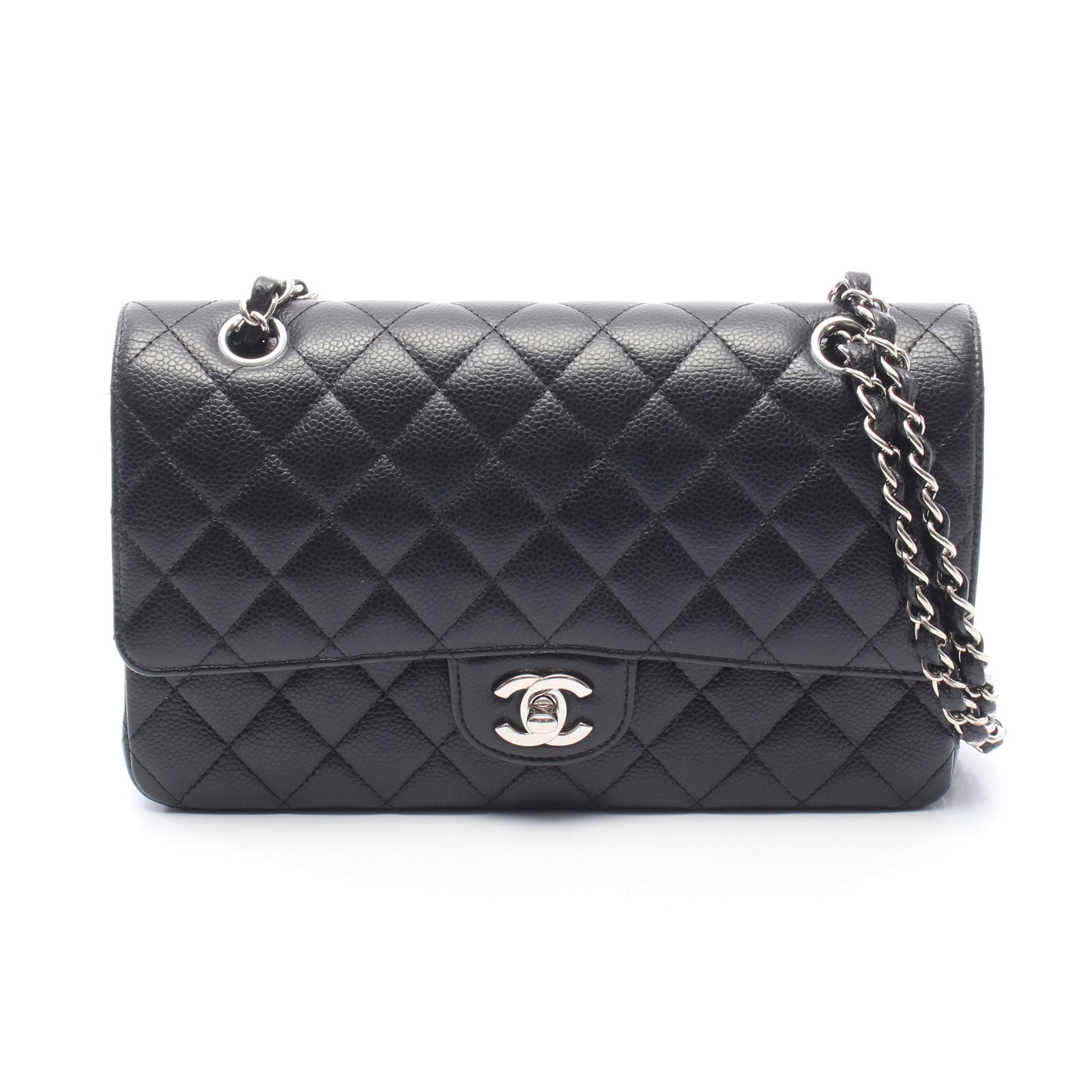 Chanel Double Flap 25 Caviar Black SHW: Black Matelasse double flap double chain shoulder bag in caviar skin with silver hardware, model A01112. Accessories: guarantee card, serial seal. Serial: 223*****. Size: H16 x W25 x D6.5 cm; double