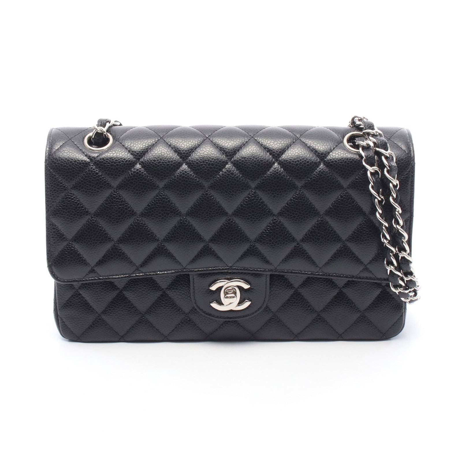Chanel Double Flap 25 Caviar Black SHW: Black Matelasse double flap double chain shoulder bag in caviar skin with silver hardware, model A01112. Accessories: serial seal. Serial: 264*****. Size: H16 x W25 x D6.5 cm; double strap 53 cm, sing