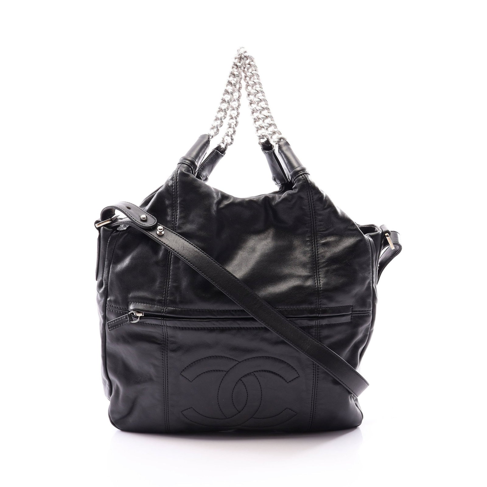 Chanel Coco Mark 2Way Chain Lamb Black: Black Coco Mark 2WAY chain handbag in lambskin with silver hardware. Accessories: serial seal, shoulder strap. Serial: 130*****. Size: H32 x W32 x D8 cm; handle 34 cm; strap 76-88 cm.
