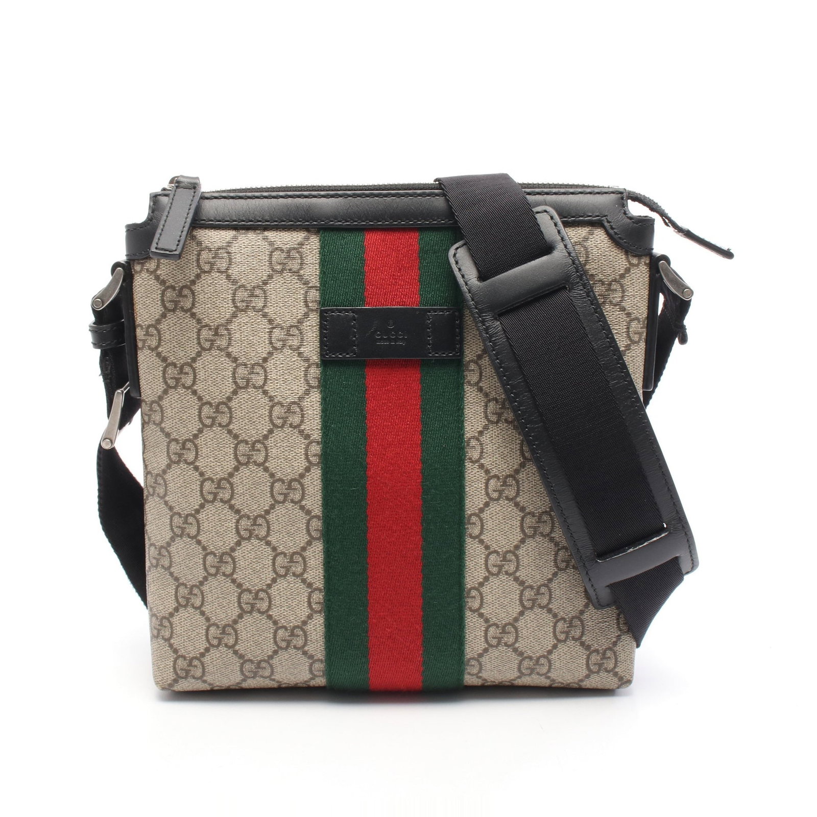 Gucci GG Supreme Web Flat Messenger: Beige black multicolor GG Supreme Web stripe flat messenger in PVC and leather, model 471454. Size: H22 x W22-20 x D4 cm; strap 72-135 cm.