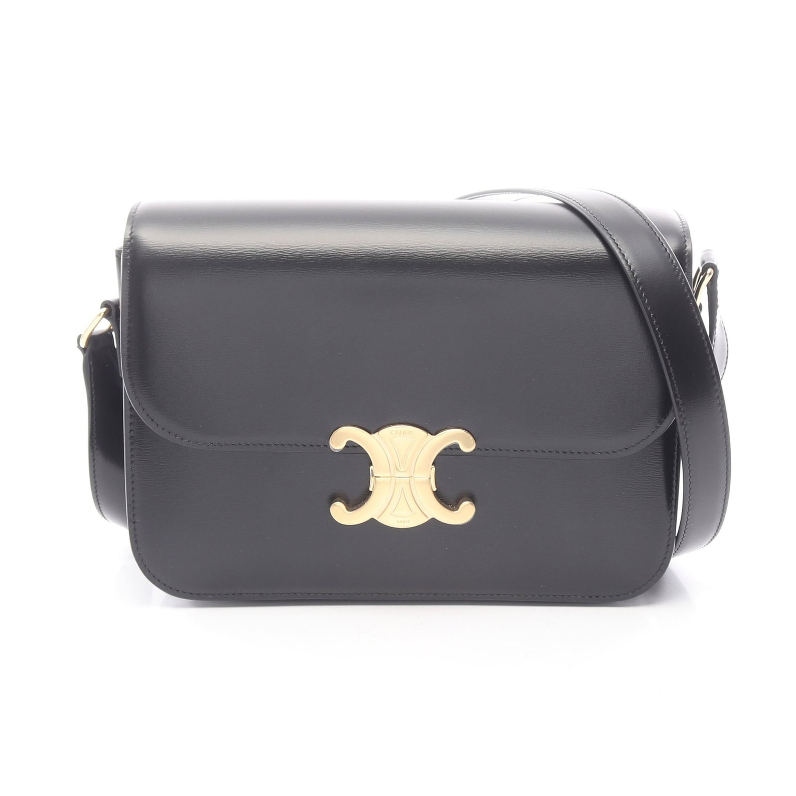 Celine Classic Triomphe Medium Black: Black leather Classic Triomphe Medium shoulder bag, model 187363BF438NO. Accessories: storage bags. Size: H15 x W22.5 x D6.5 cm; strap 101.5-116.5 cm.
