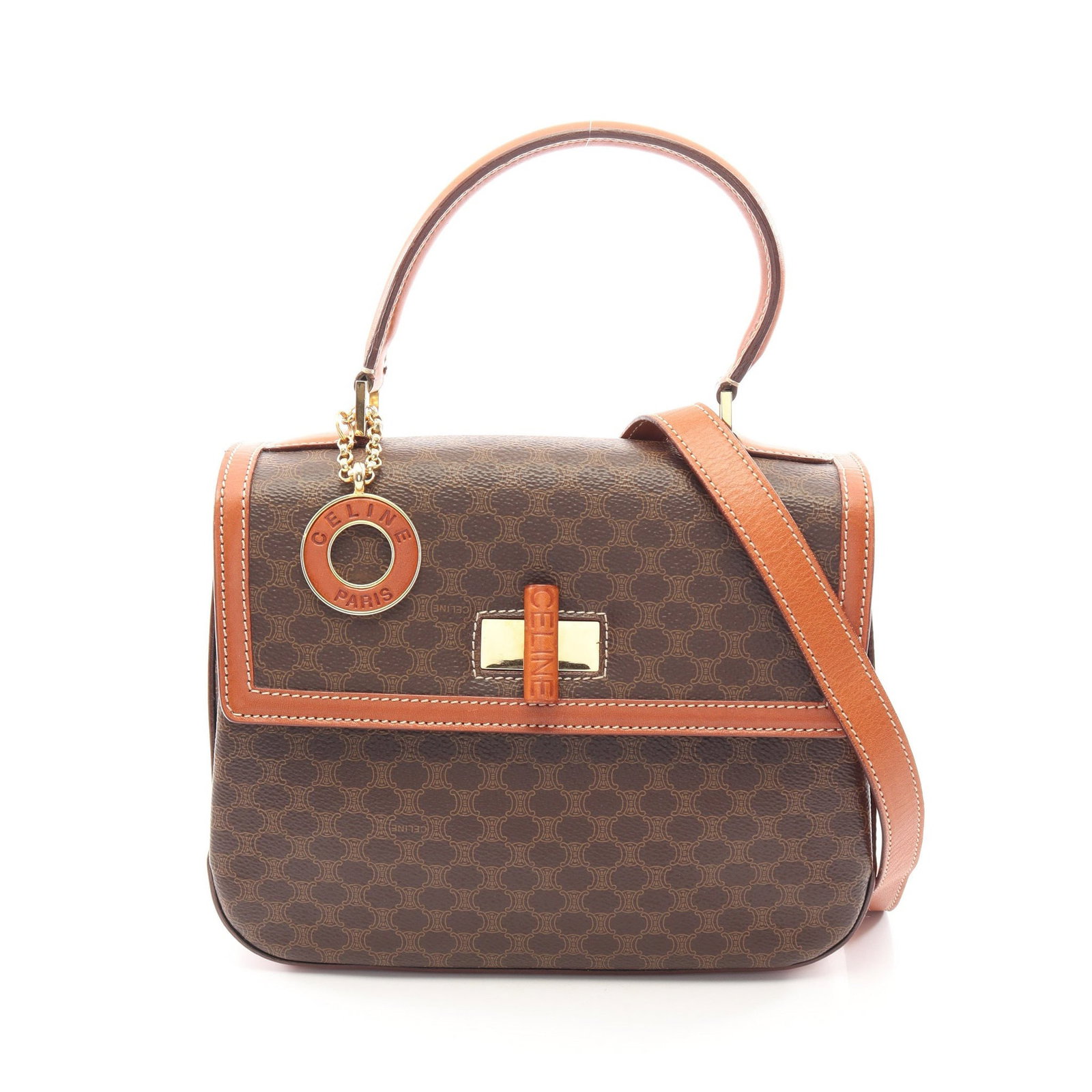Celine Macadam 2Way Handbag Brown: Dark brown brown Macadam 2WAY handbag in PVC and leather. Accessories: shoulder strap. Size: H19 x W23-24 x D8 cm; handle 32 cm; strap 102 cm.