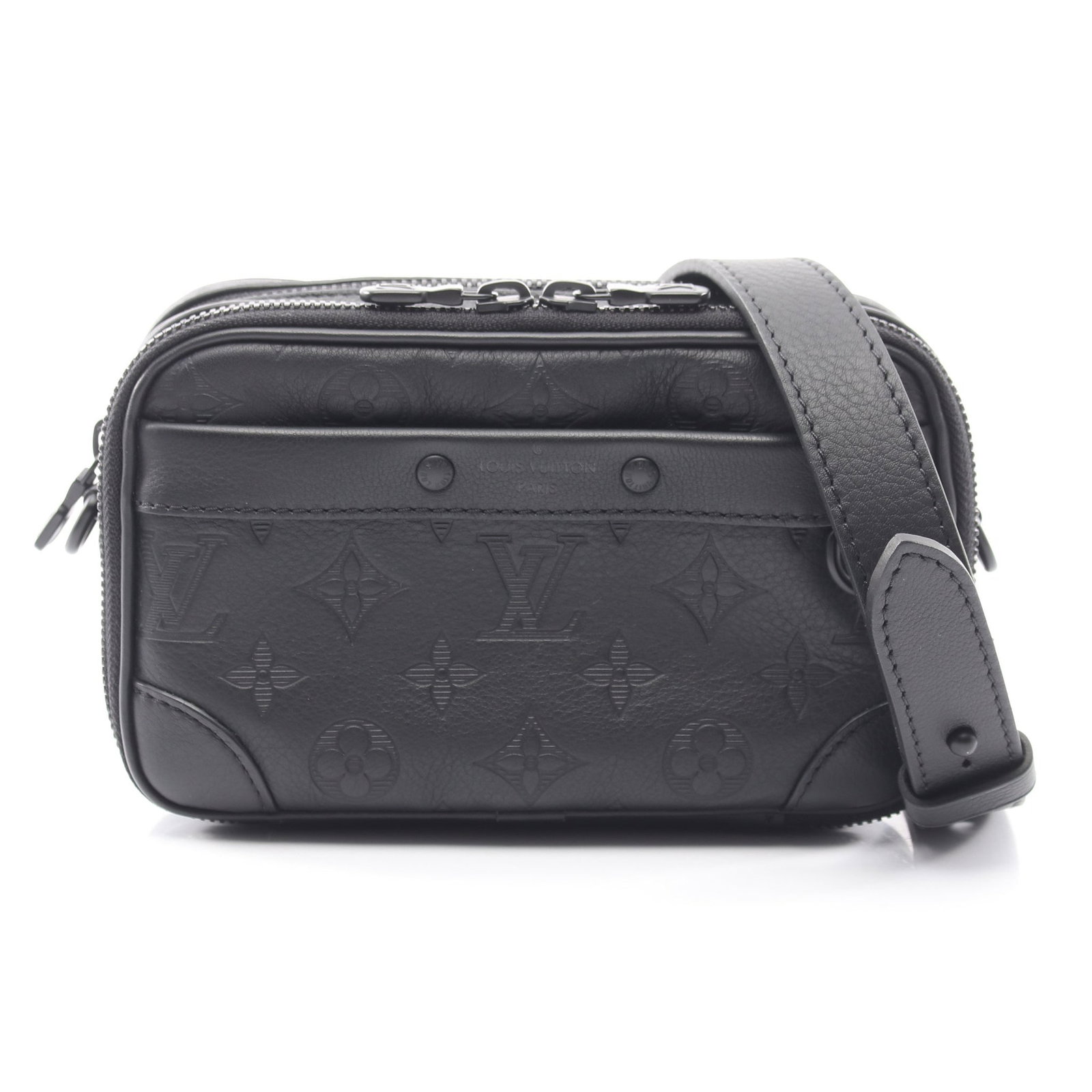Louis Vuitton Alpha Wearable Wallet Noir: Black Monogram Shadow Noir wearable wallet shoulder bag in leather, model M82544. Product no.: nothing. Size: H12 x W18 x D5.5 cm; strap 110-134 cm.