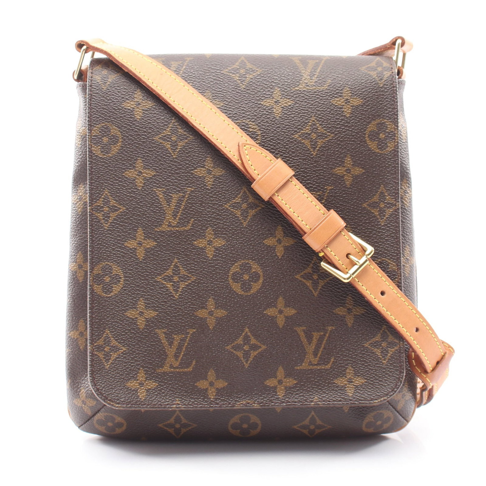 Louis Vuitton Musette Salsa Short Monogram: Brown Monogram shoulder bag in PVC and leather, model M51258. Product no.: LM0041. Size: H23 x W20-23 x D6 cm; strap 63-75 cm, max drop 33 cm.