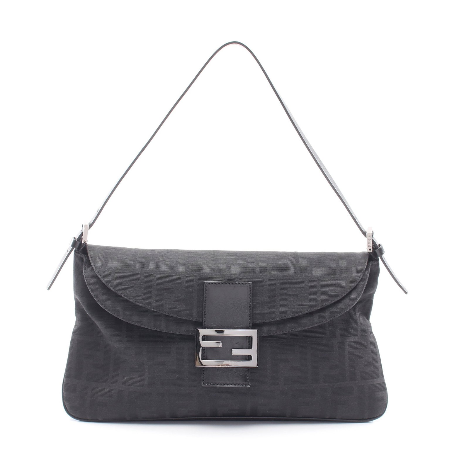 Fendi Mamma Baguette Zucca Shoulder Black: Black Zucca one-shoulder bag in canvas and leather, model 8BR002. Size: H18 x W30-33 x D2 cm; strap 48-56 cm.