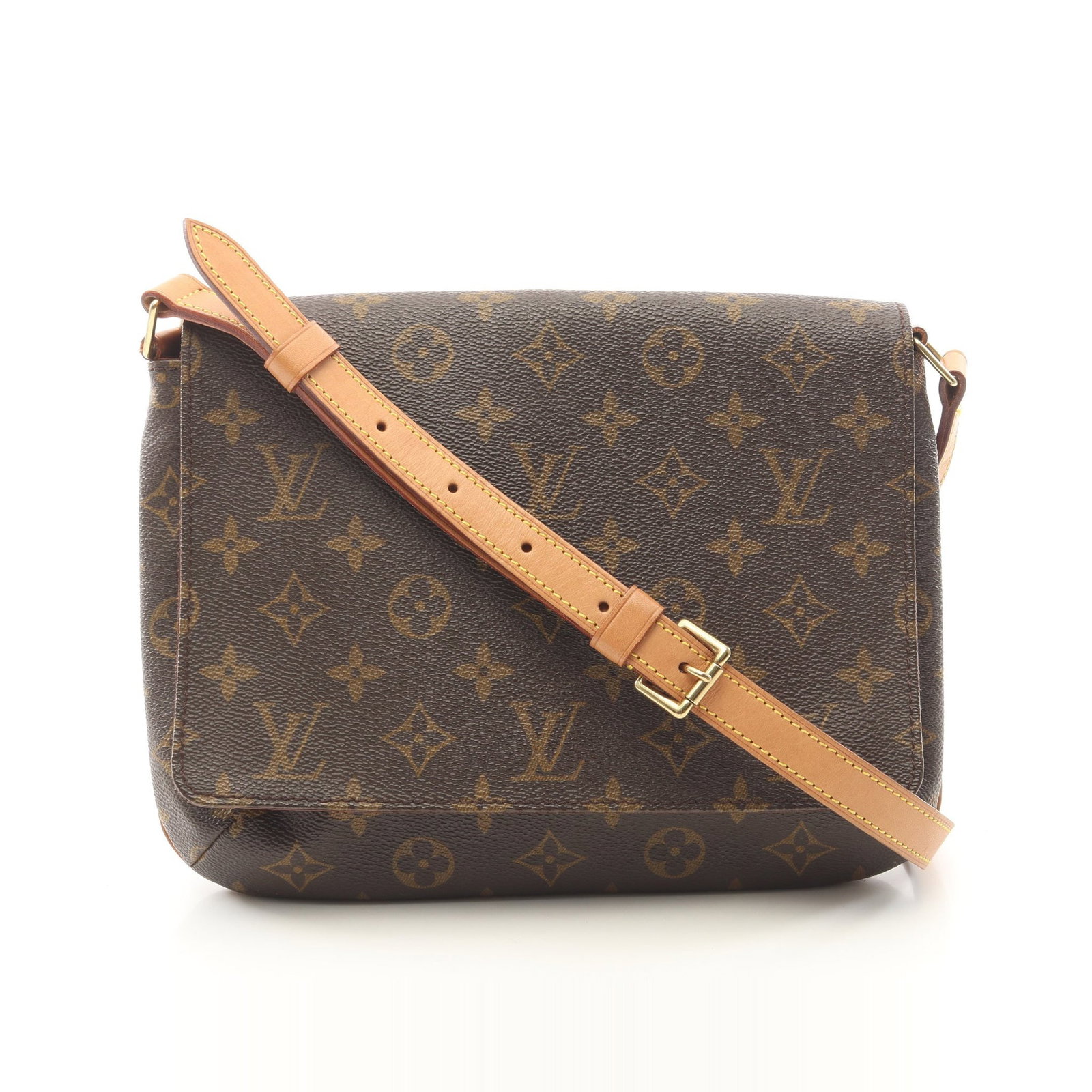 Louis Vuitton Musette Tango Short Monogram: Brown Monogram shoulder bag in PVC and leather, model M51257. Product no.: SP1919. Size: H20 x W24-25 x D6 cm; strap 64-76 cm, max drop 32 cm.