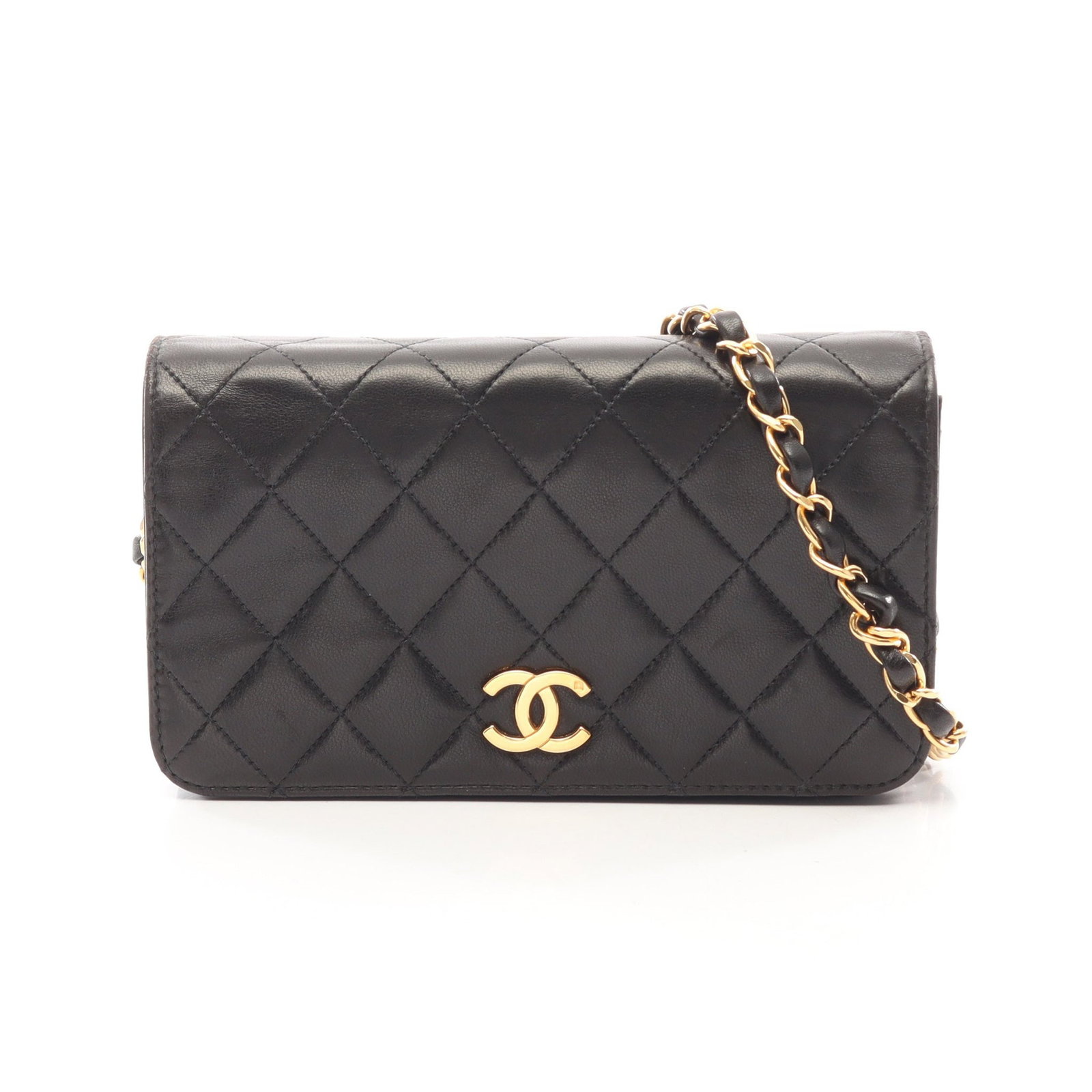 Chanel Mini Full Flap Lamb Black GHW: Black Mini Matelasse full flap push lock chain shoulder bag in lambskin with gold hardware. Accessories: guarantee card, serial seal. Serial: 538****. Size: H11 x W19 x D4.5 cm; strap 93 cm, max drop