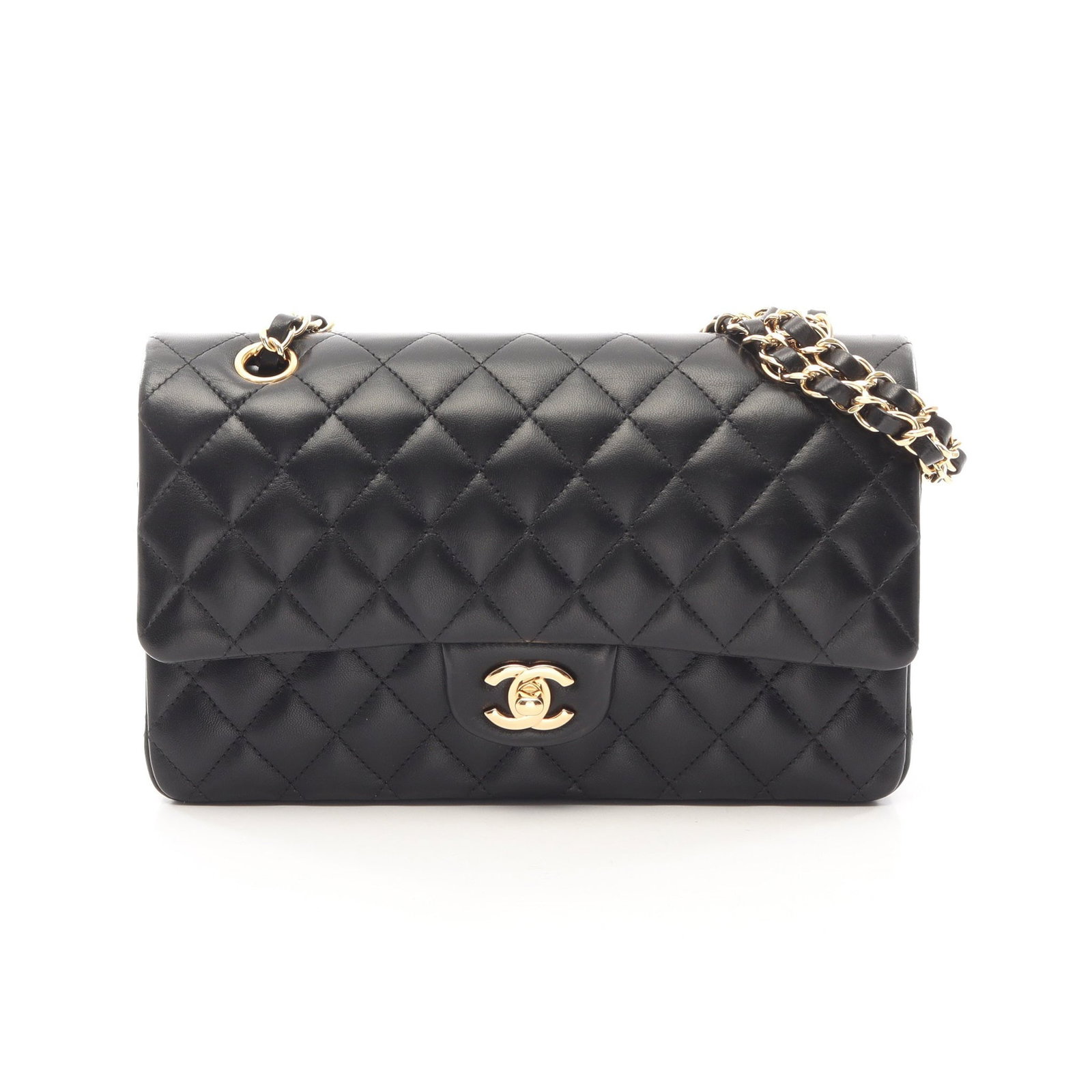 Chanel Double Flap 25 Lamb Black GHW: Black Matelasse double flap double chain shoulder bag in lambskin with gold hardware, model A01112. Accessories: guarantee card, serial seal, storage bags. Serial: 193*****. Size: H16 x W25 x D6.5 cm;