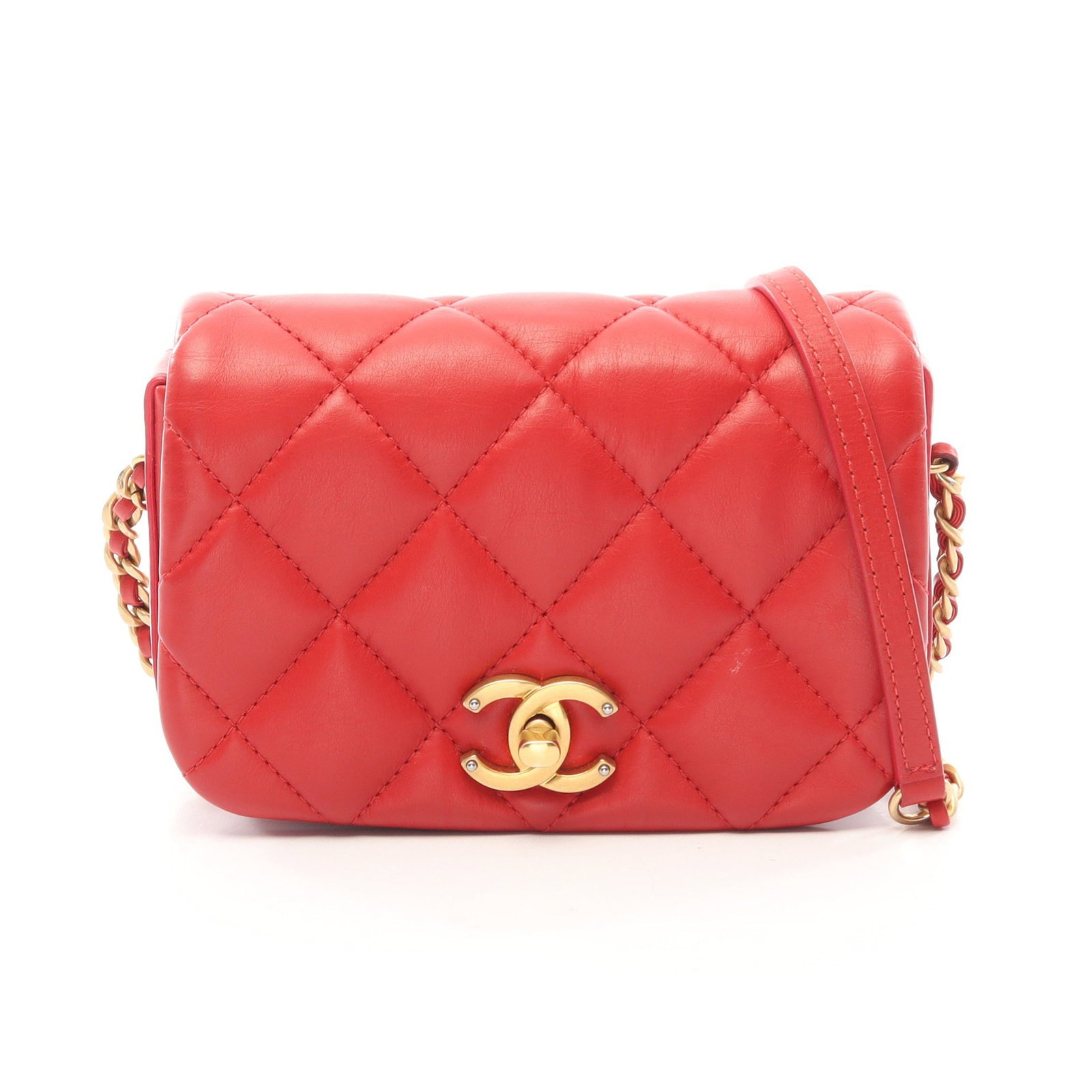 Chanel Mini Chain Lamb Red GHW: Red Matelasse mini chain shoulder bag in lambskin with gold hardware. Accessories: guarantee card, serial seal. Serial: 299*****. Size: H11.5 x W16.5 x D3.5 cm; strap 126 cm.