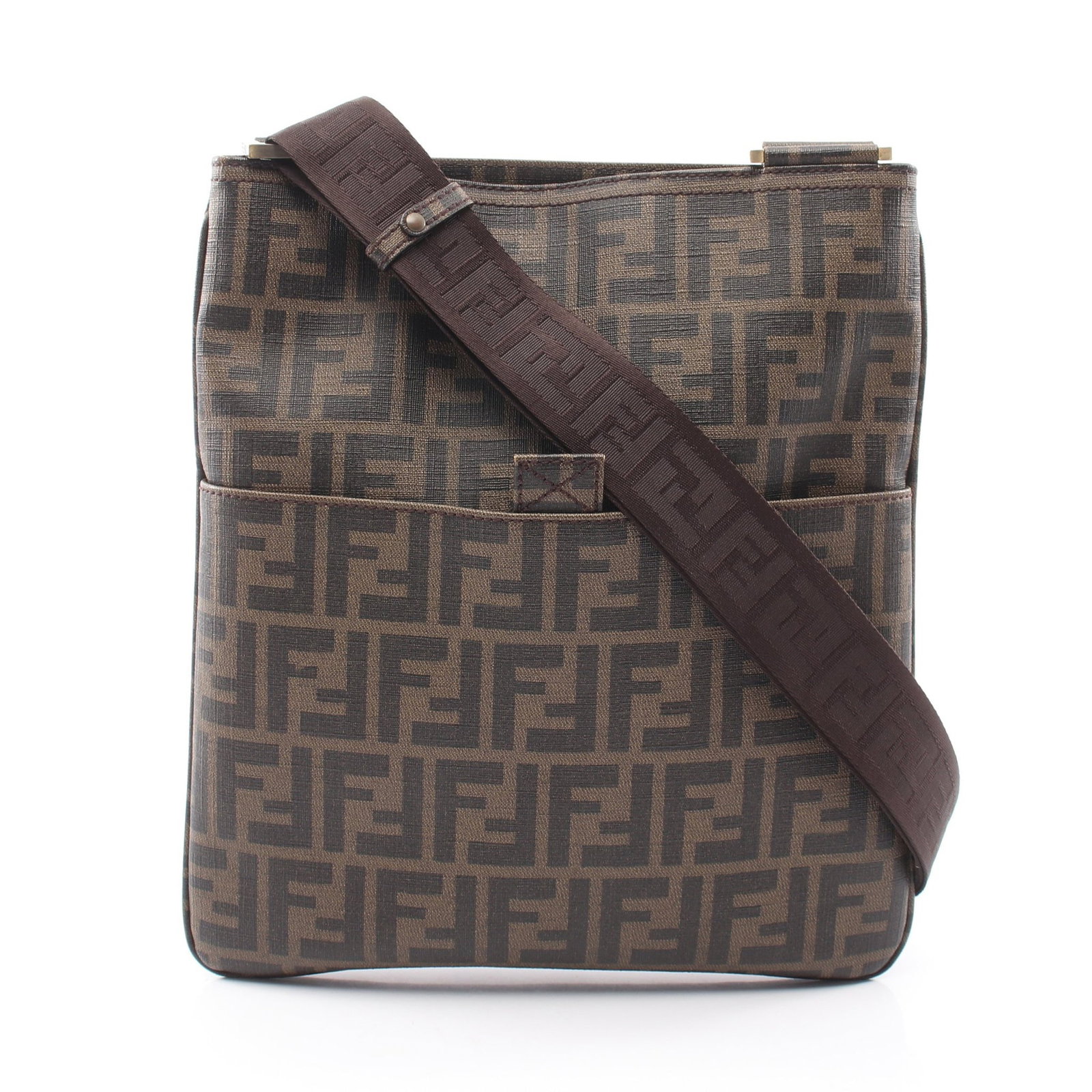 Fendi Zucca Shoulder Brown Black: Brown black Zucca shoulder bag in PVC and leather, model 7VA207. Size: H30.5 x W25-27 x D2 cm; strap 80-144 cm.