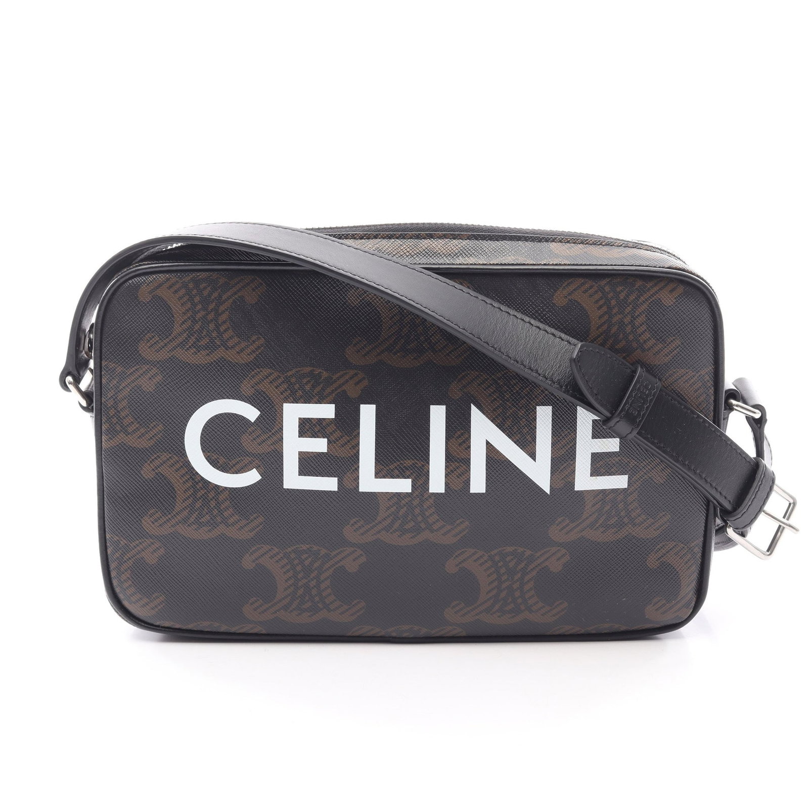 Celine Triomphe Medium Messenger Black: Black Triomphe Medium messenger shoulder bag in PVC and leather, model 194502CIM. Size: H14.5 x W23 x D4.5 cm; strap 106-127 cm.