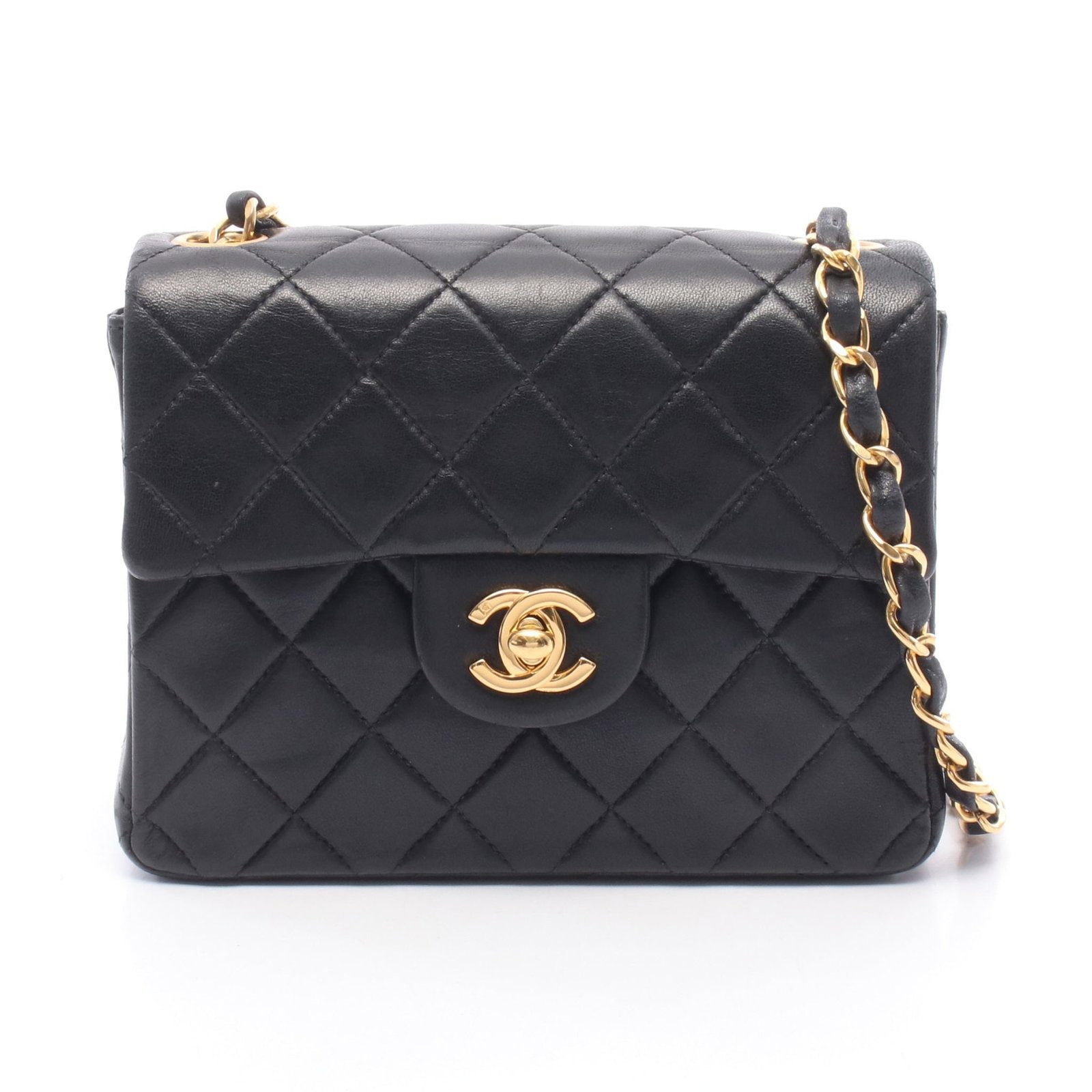 Chanel Mini Matelasse Lamb Black GHW: Black Mini Matelasse chain shoulder bag in lambskin with gold hardware, model A35200. Accessories: guarantee card, serial seal. Serial: 705****. Size: H13 x W17 x D8 cm; strap 113 cm.