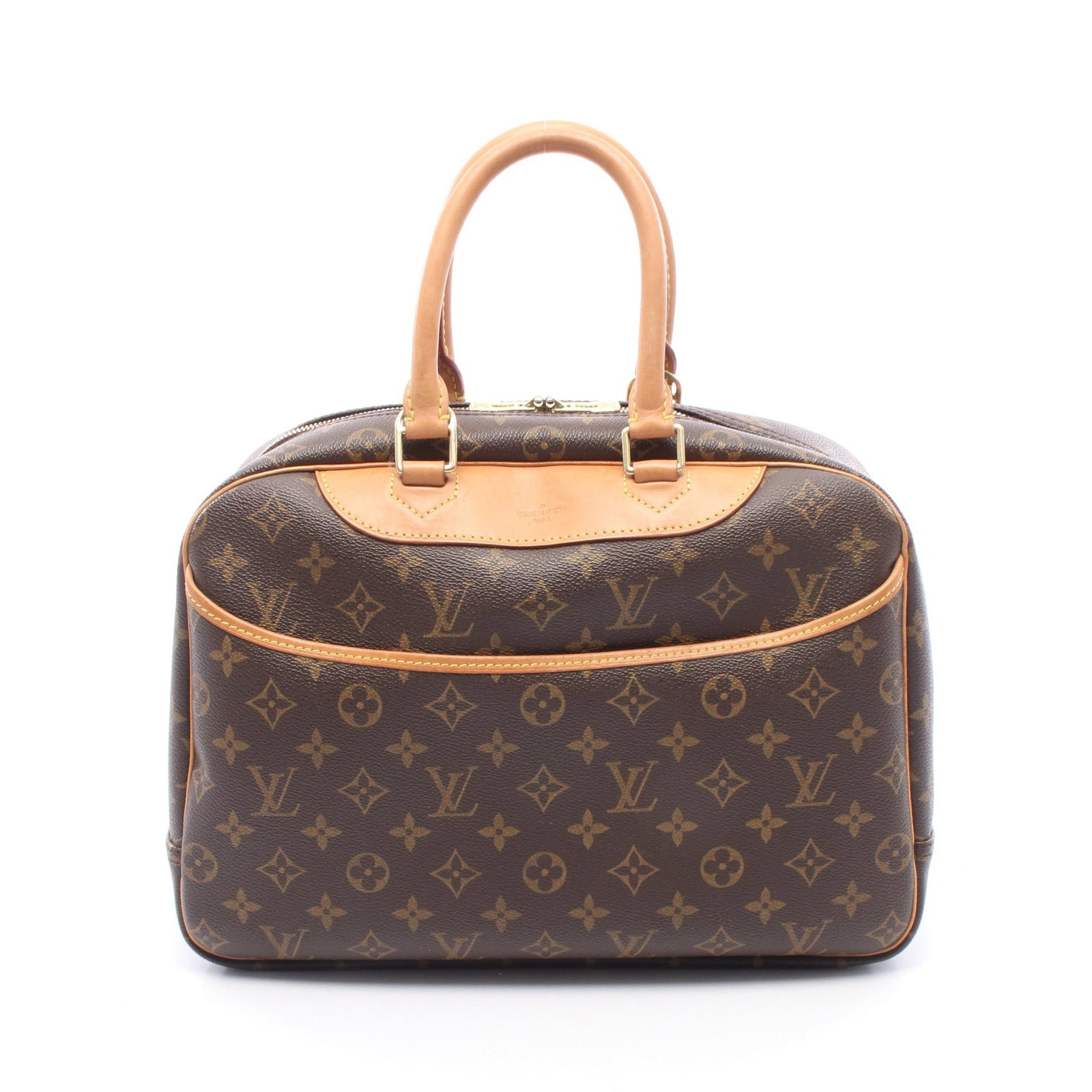 Louis Vuitton Deauville Monogram Brown: Brown Monogram Deauville Bowling vanity handbag in PVC and leather, model M47270. Product no.: unclear. Size: H25 x W32-35 x D14 cm; handle 36 cm.