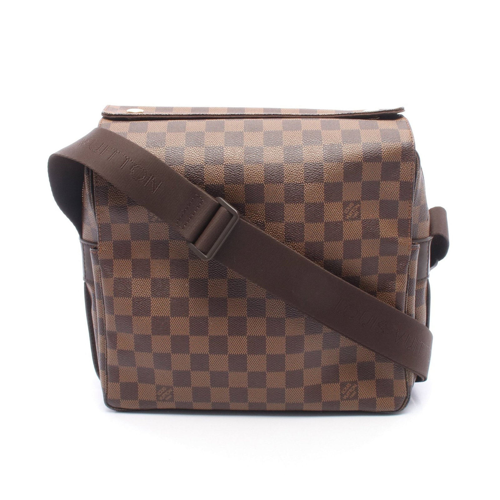 Louis Vuitton Naviglio Damier Ebene: Brown Damier Ebene Naviglio shoulder bag in PVC and leather, model N45255. Product no.: SR0160. Size: H24 x W27 x D2/10/2 cm; strap 90-143 cm.