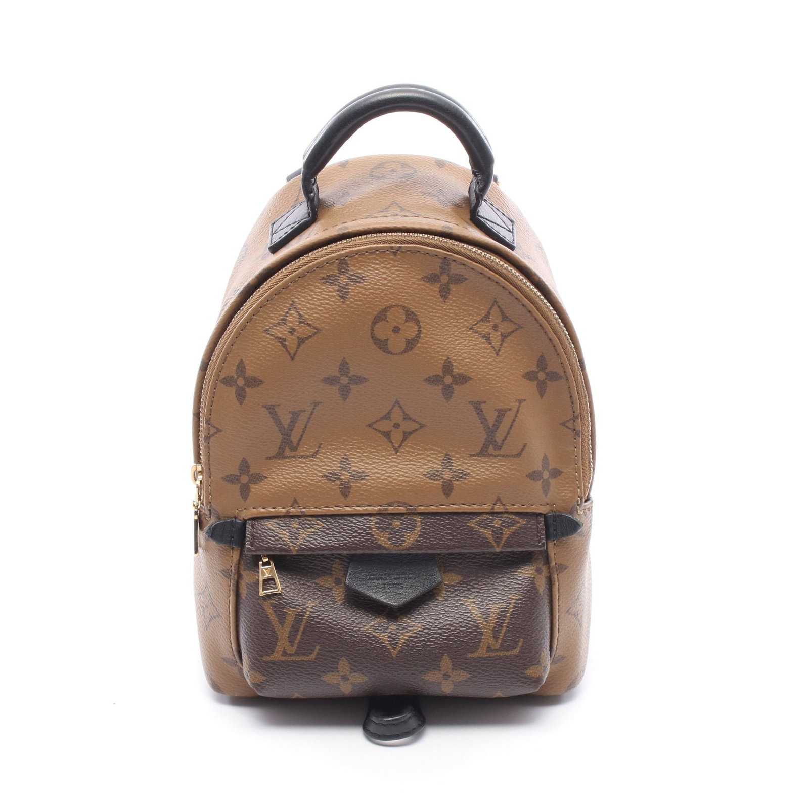 Louis Vuitton Palm Springs Mini Reverse: Light brown dark brown Palm Springs Backpack Mini in Monogram Reverse PVC and leather, model M44872. RFID. Size: H21 x W15 bottom x D8 cm; handle 13 cm; strap 92-116 cm.