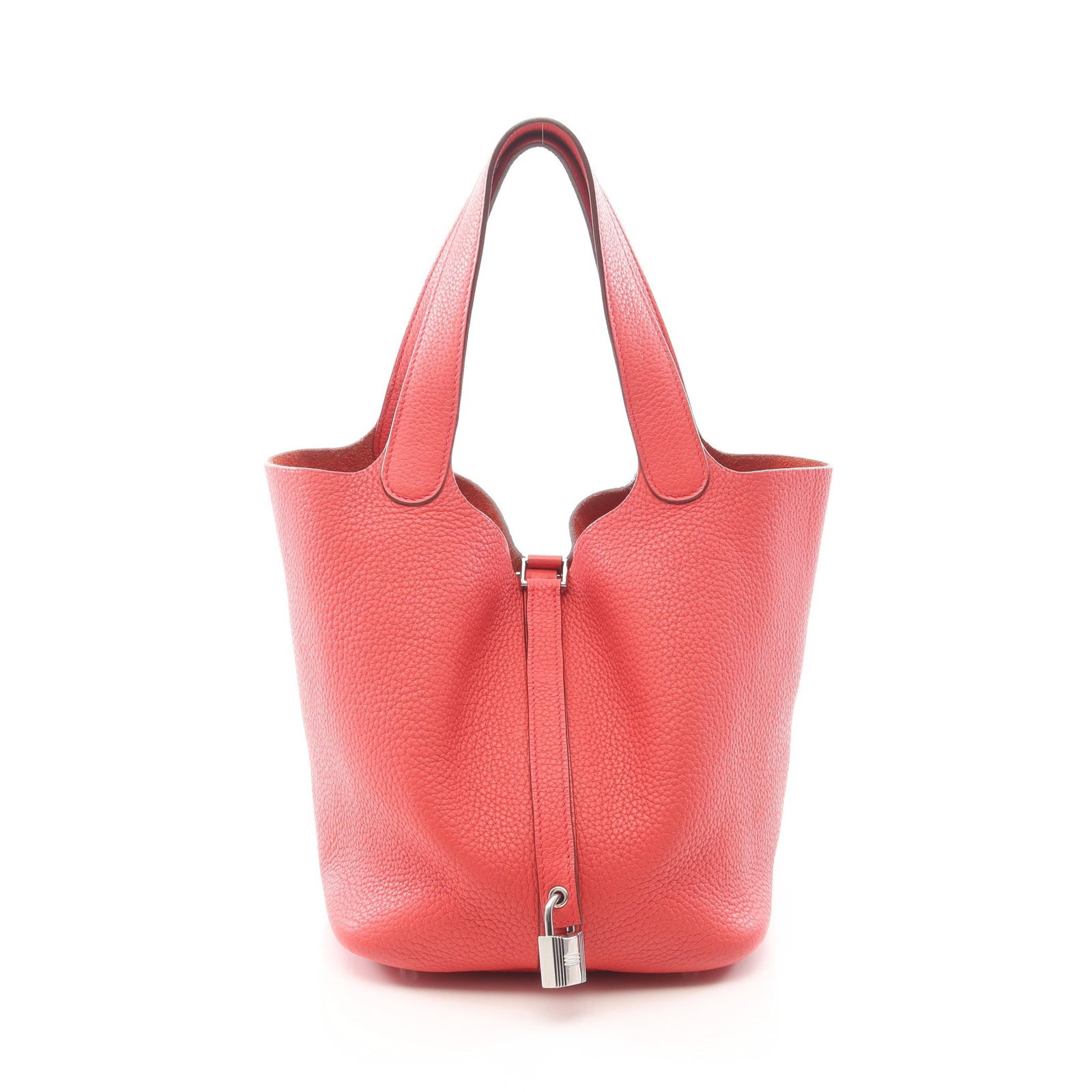 Hermes Picotin Lock MM Coral Pink: Coral pink Picotane Lock MM Bougainvillea handbag in Clemence leather with silver hardware. Accessories: key, padlock. Product no.: ?N stamp (manufactured around 2010). Size: H21 x W35-22 x D17 cm;