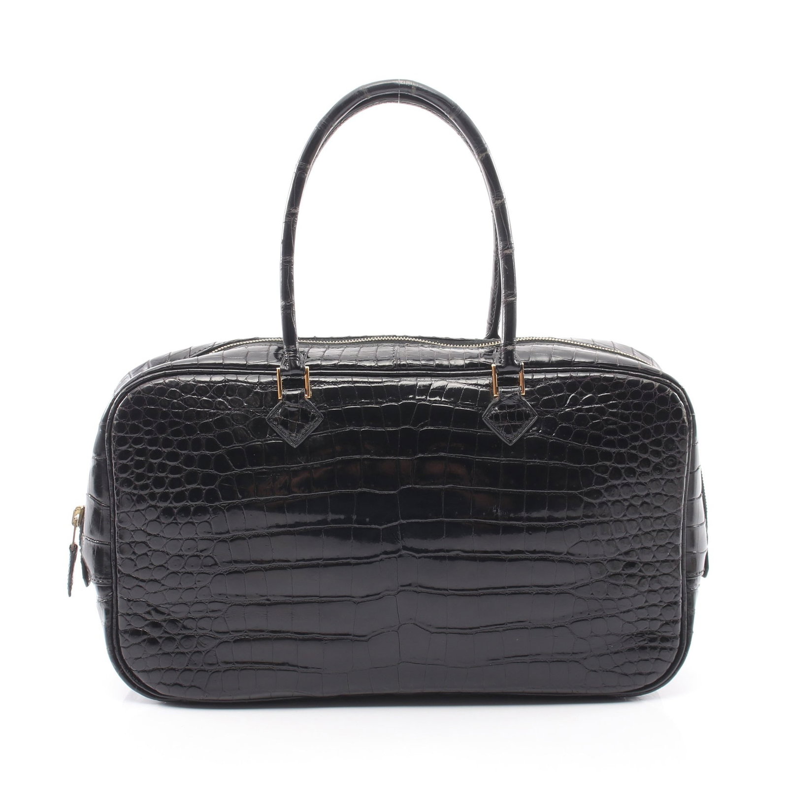 Hermes Plume Elan 28 Porosus Black: Black Plum Elan 28 handbag in Porosus with gold hardware. Product no.: ?D stamp (manufactured around 2000). Size: H16 x W28 x D6.5 cm; handle 34 cm.
