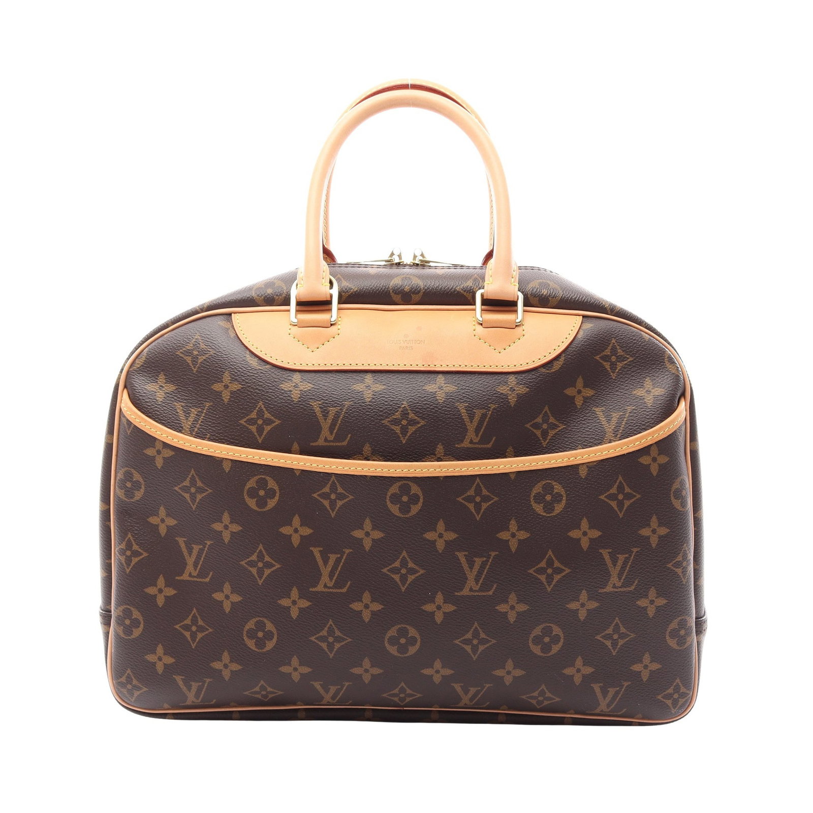 Louis Vuitton Deauville Monogram Brown: Brown Monogram Deauville Bowling vanity handbag in PVC and leather, model M47270. Product no.: BA4280. Size: H25 x W32-35 x D14 cm; handle 36 cm.