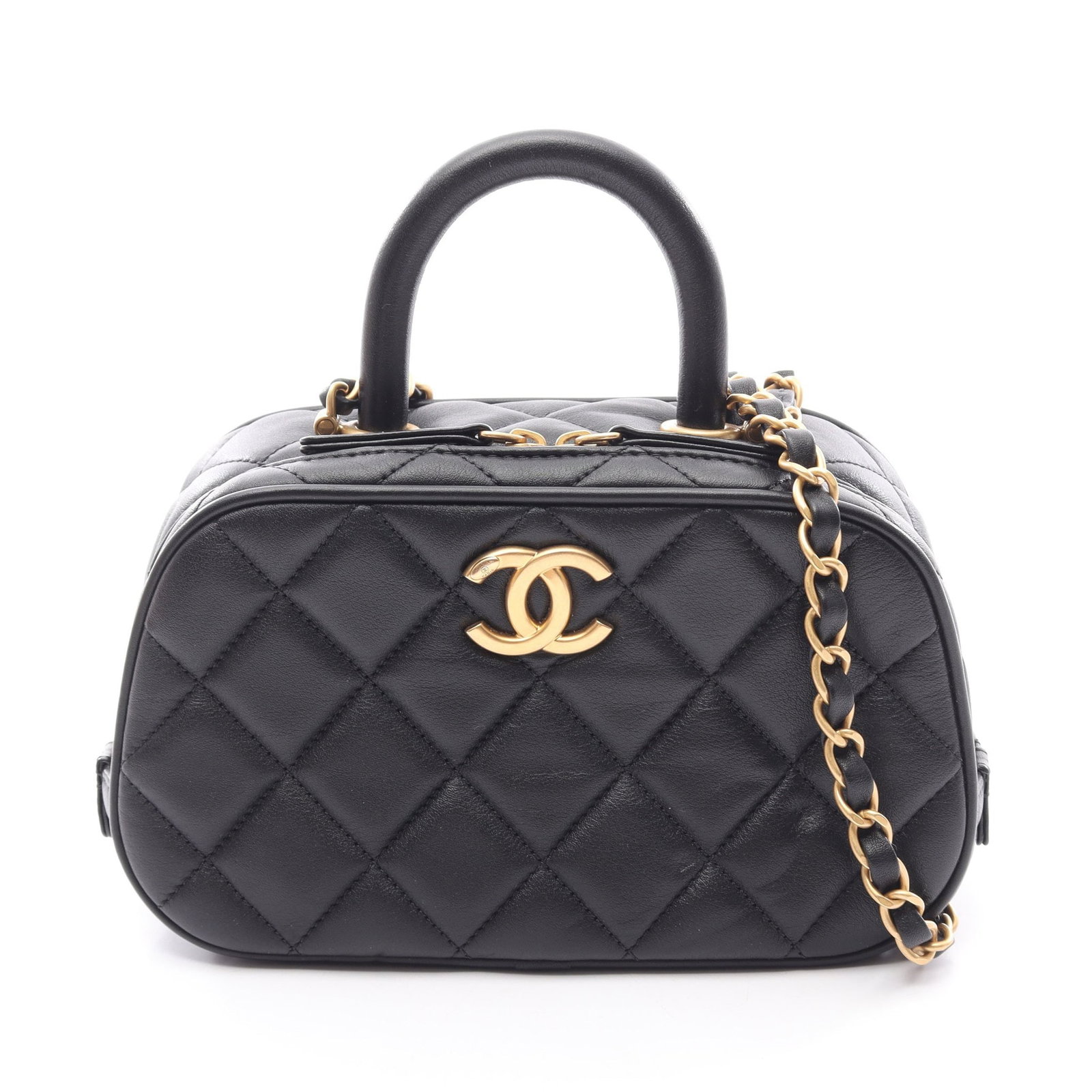 Chanel Mini Bowling 2Way Black GHW: Black Matelasse Mini Bowling 2WAY chain shoulder bag in lambskin with gold hardware, model AS5572. Accessories: serial metal plate. Serial: CL0*****. Size: H11.5 x W17-20 x D9 cm; handle 19 cm; strap