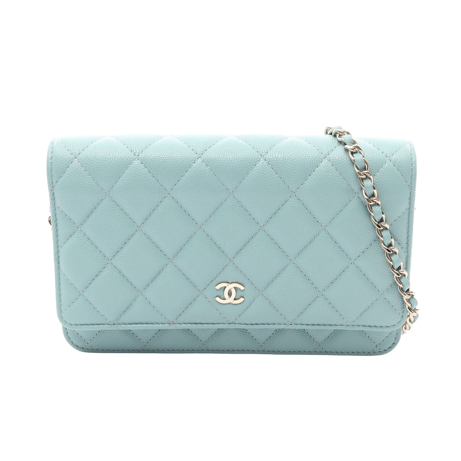 Chanel Chain Wallet Caviar Green GHW: Light green Matelasse chain wallet in caviar skin with gold hardware, model AP0250. Accessories: serial seal. Serial: 291*****. Size: H12 x W19 x D3.5 cm; strap 122 cm.