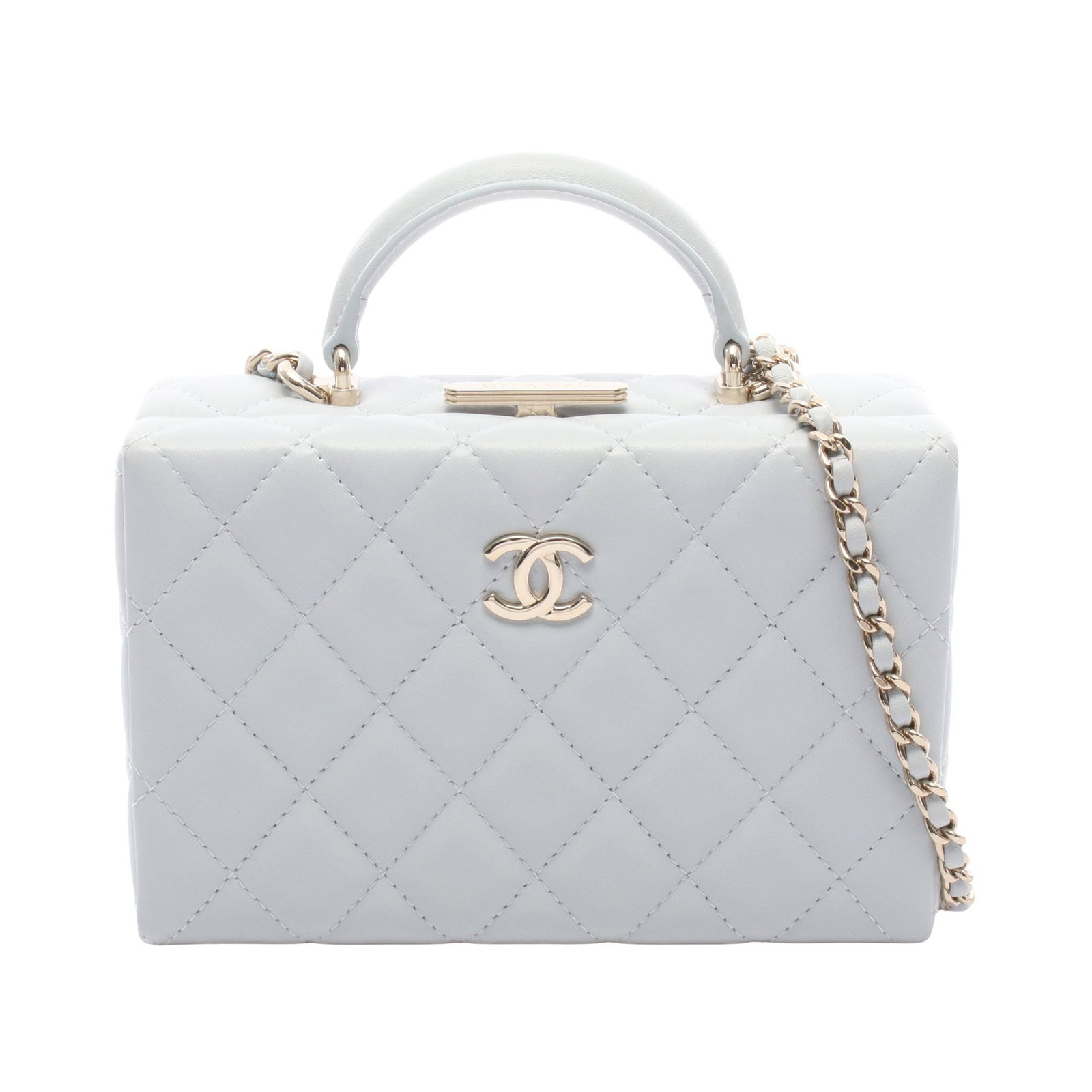 Chanel Top Handle 2Way Light Blue: Light blue Matelasse top handle 2WAY chain shoulder bag in lambskin with gold hardware, model AS5167. Accessories: serial metal plate. Serial: XJE*****. Size: H12 x W18.5 x D7 cm; handle 16 cm; strap
