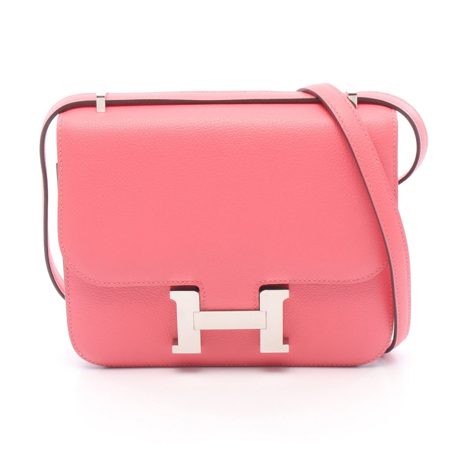 Hermes Constance 3 Mini Evercolor Pink: Pink Rose Azalee Constance 3 Mini shoulder bag in Evercolor with silver hardware. Product no.: C stamp (manufactured around 2018). Size: H15 x W18 x D2-3 cm; short strap 60 cm, long strap 105 cm, max