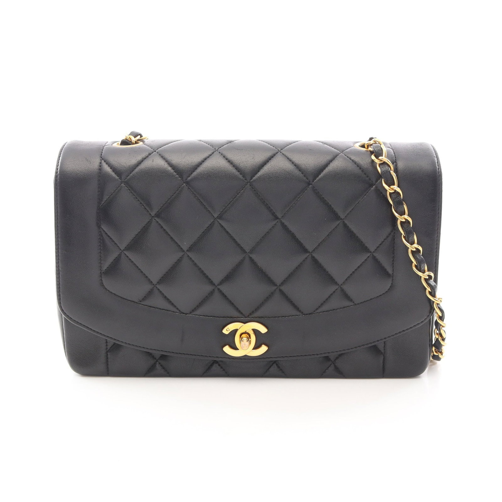 Chanel Diana Flap Lamb Black GHW: Black Matelasse Diana flap chain shoulder bag in lambskin with gold hardware, model A01165. Accessories: guarantee card, serial seal. Serial: 241****. Size: H16 x W25 x D7 cm; strap 107 cm.